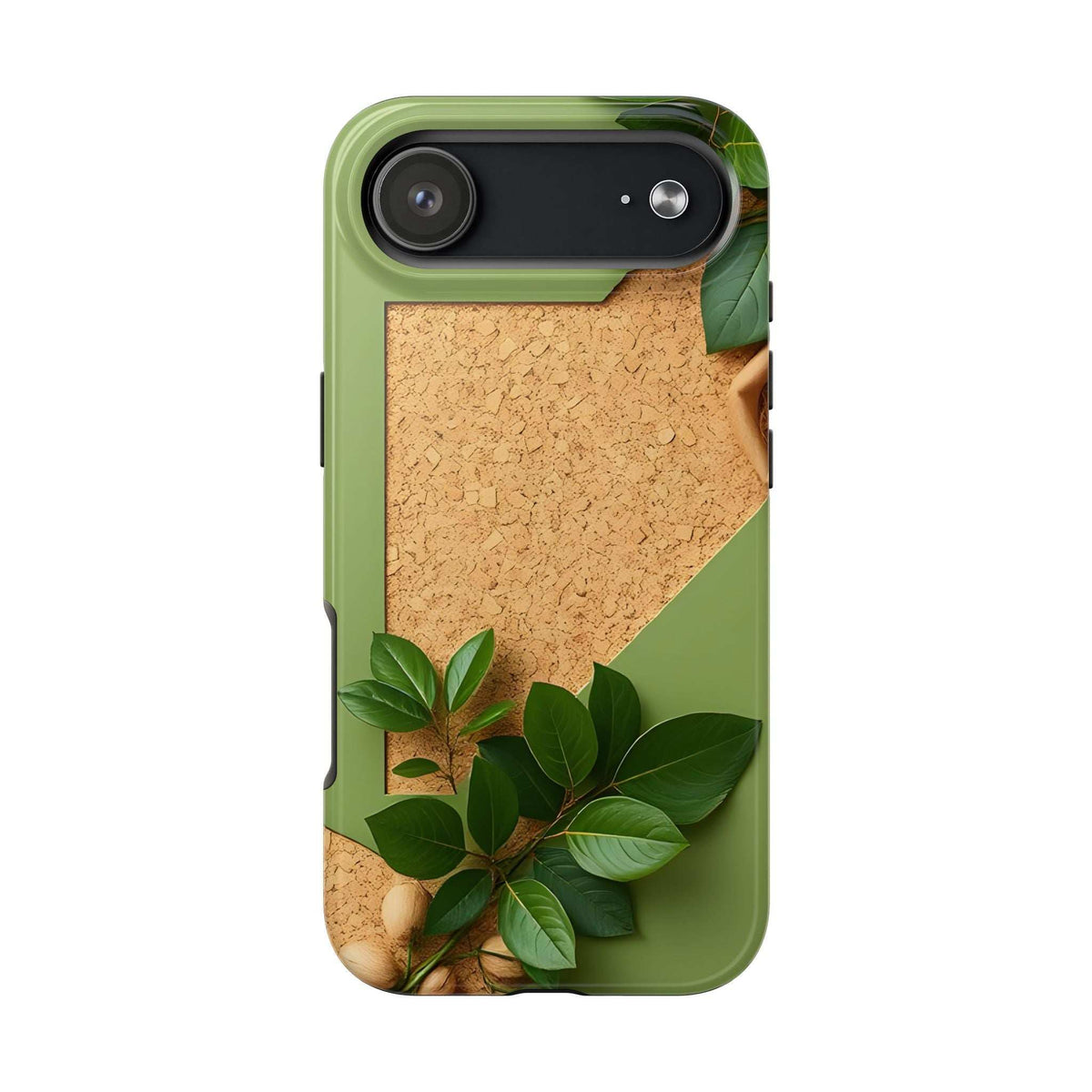 Eco phone case in green with cork-look back and leaf design, camera lens cutout