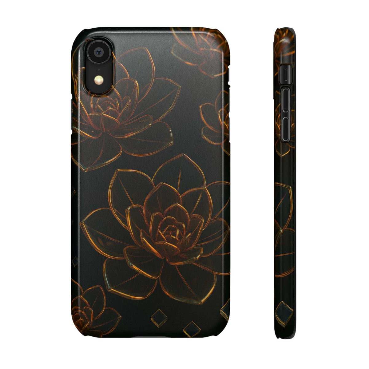 Glossy glass phone case with black base and gold flower outlines; back view with side edge