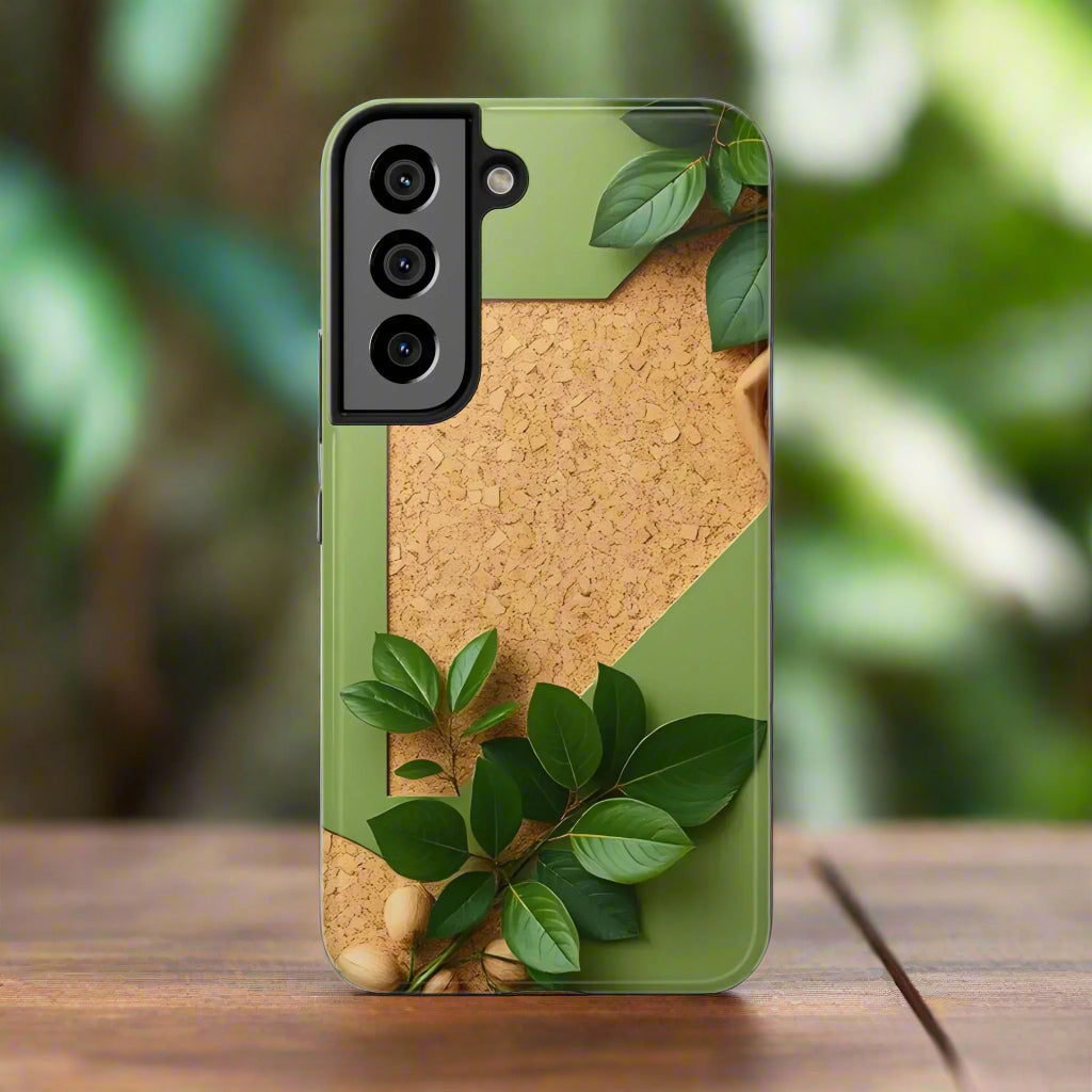 Eco-Inspired Tough Phone Case – Cork Texture with Leaf & Seed Design for iPhone 7-16 and Samsung Galaxy S21-S24 - KarArmDesign