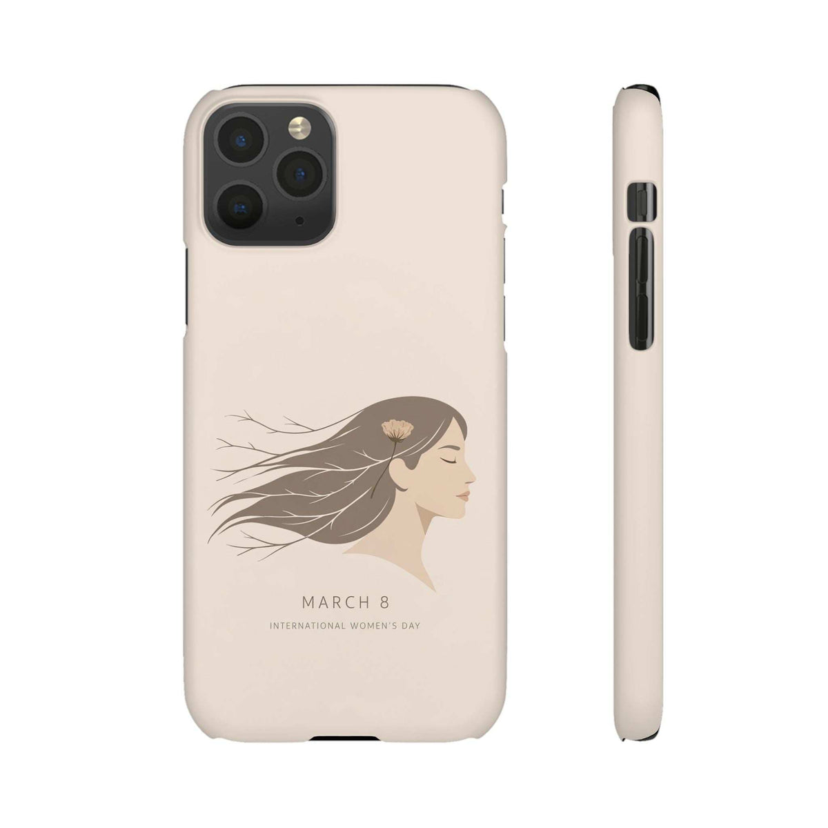 Blush phone case with March 8 profile illustration, raised camera cutouts