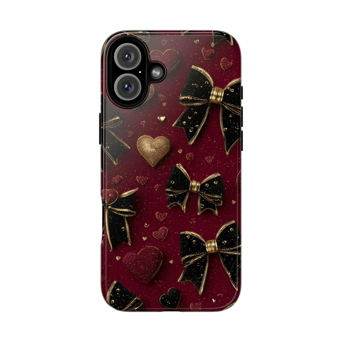 Burgundy glitter velvet phone case with gold hearts and bows; slim side openings.