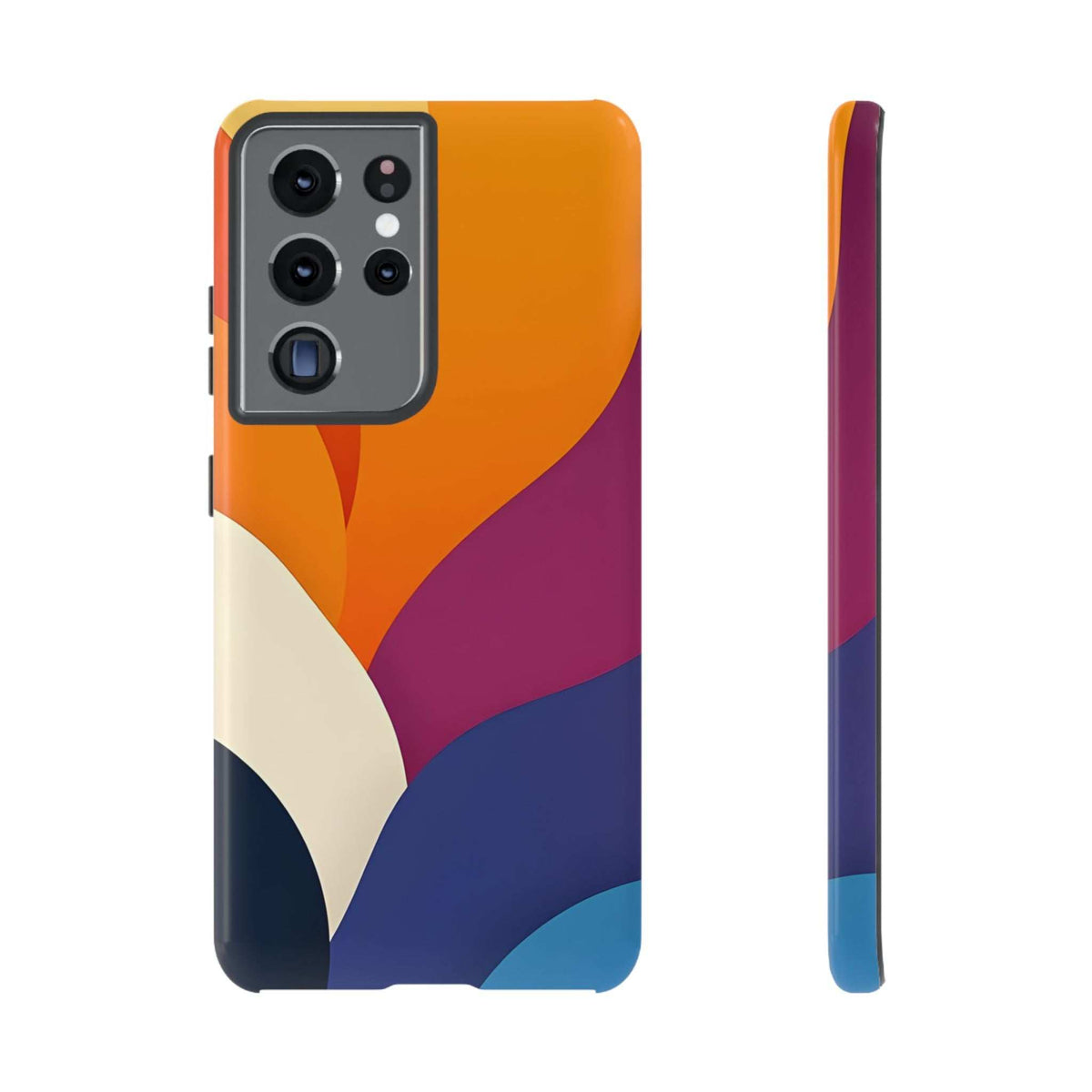 Phone case with abstract orange, purple, and blue design; quad-camera cutout.