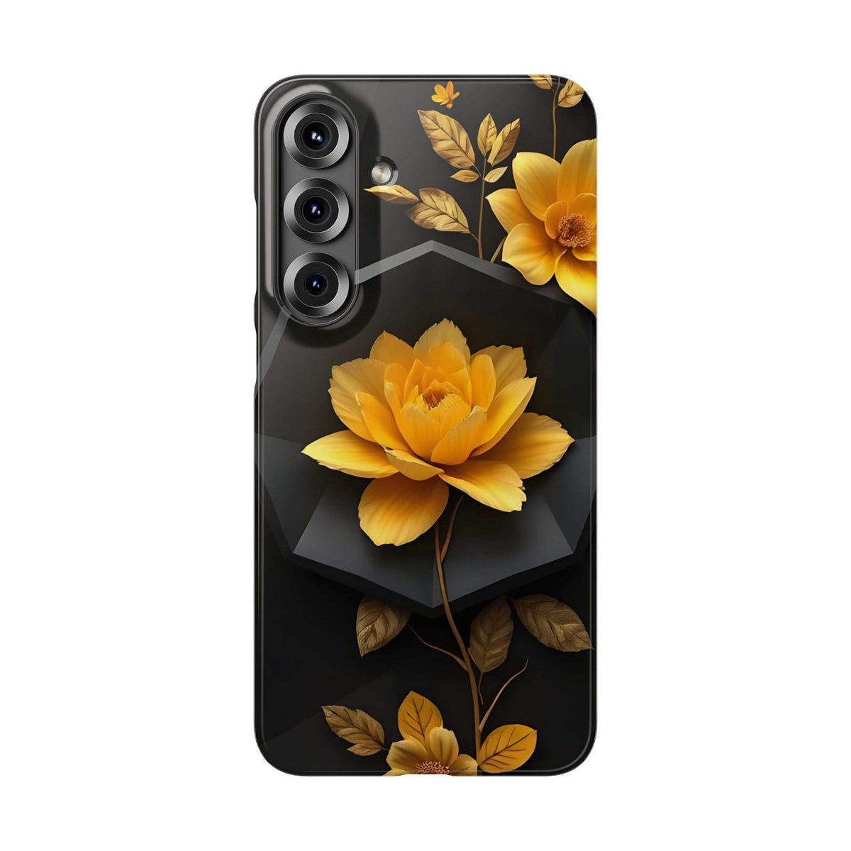 Black phone case with yellow peony flower and leaves, camera openings visible