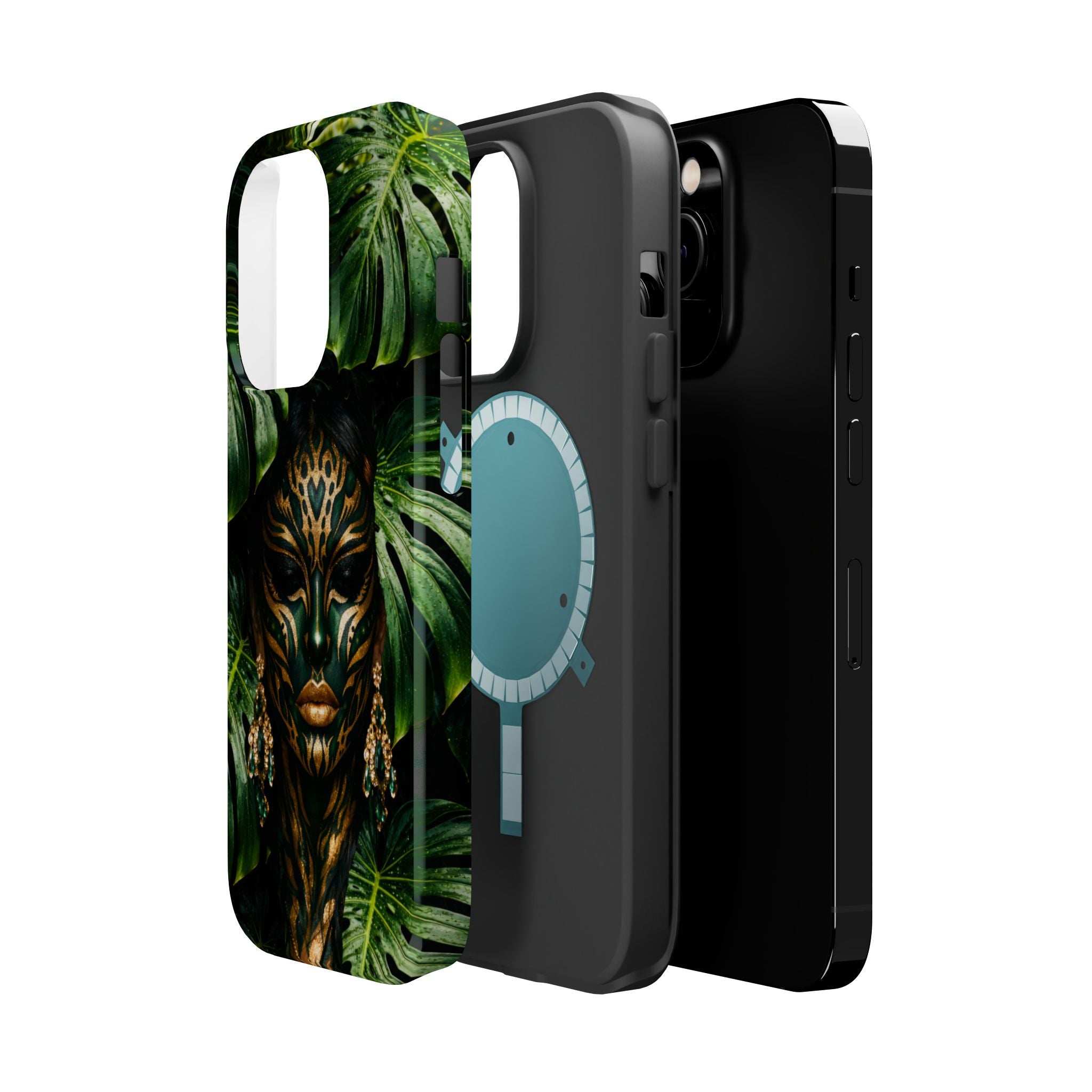 Phone case with jungle lion face print; light-blue hand icon and visible camera opening