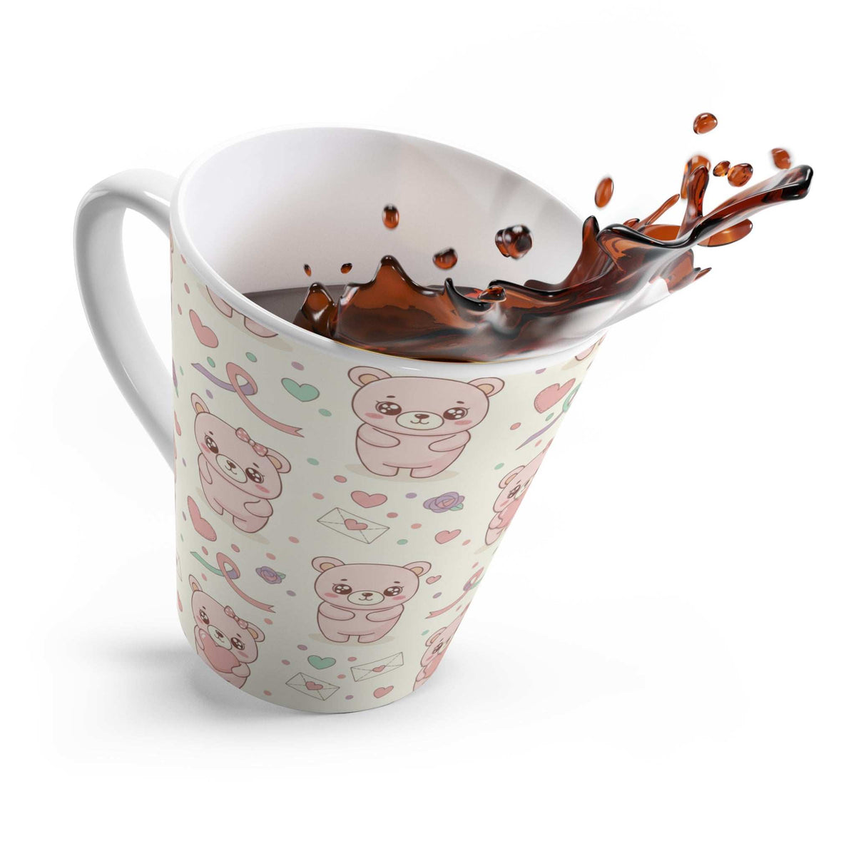White ceramic latte mug with bear pattern and coffee splash inside
