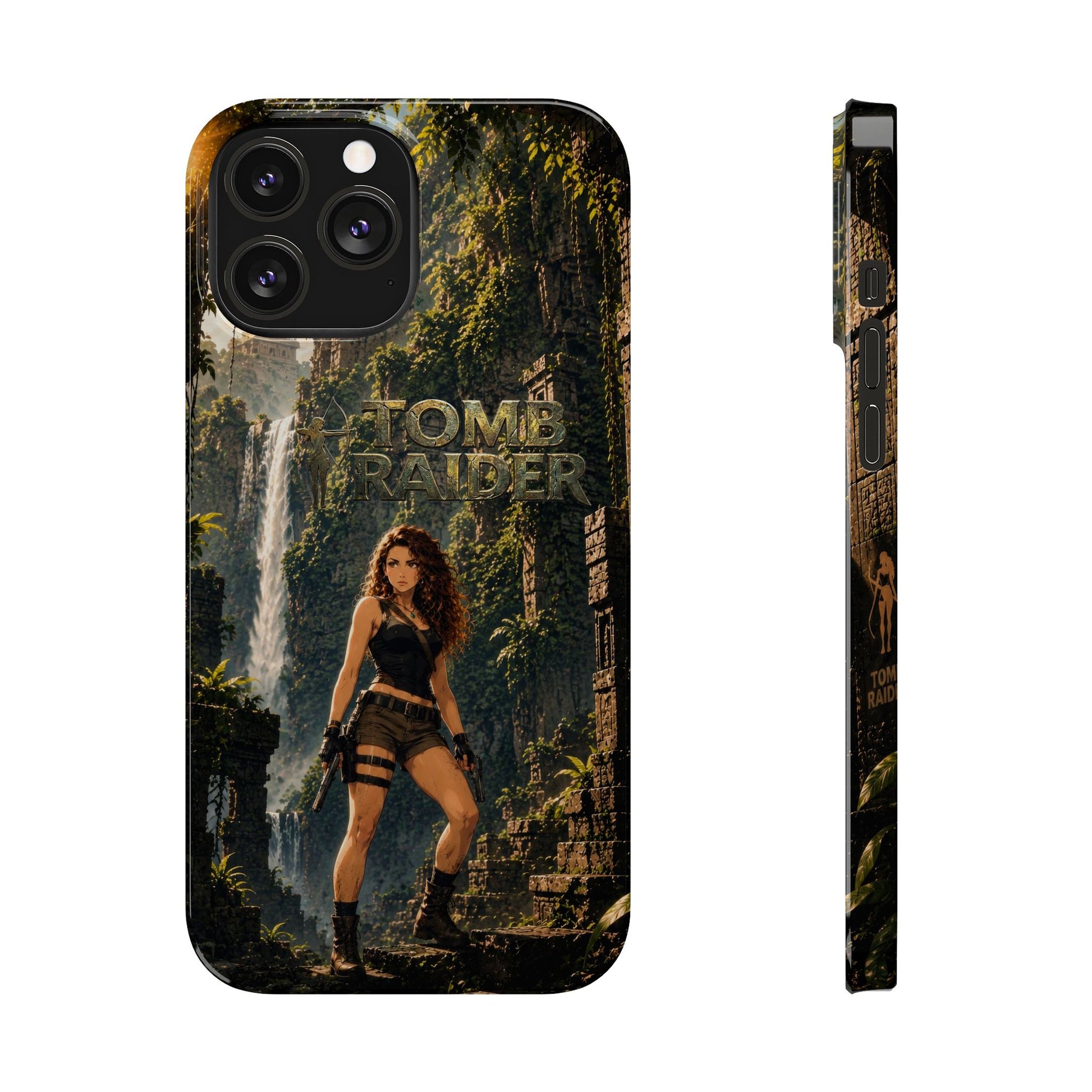Phone case side view with Tomb Raider jungle print and thin profile