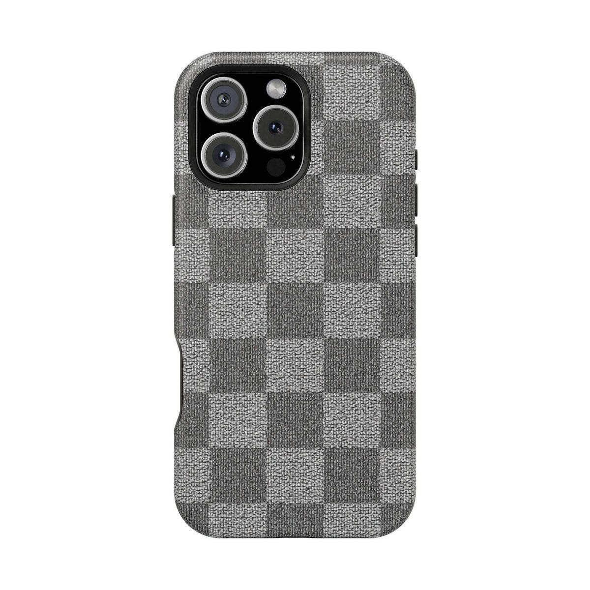 Gray checkered phone case with camera cutouts and side button openings, textured fabric