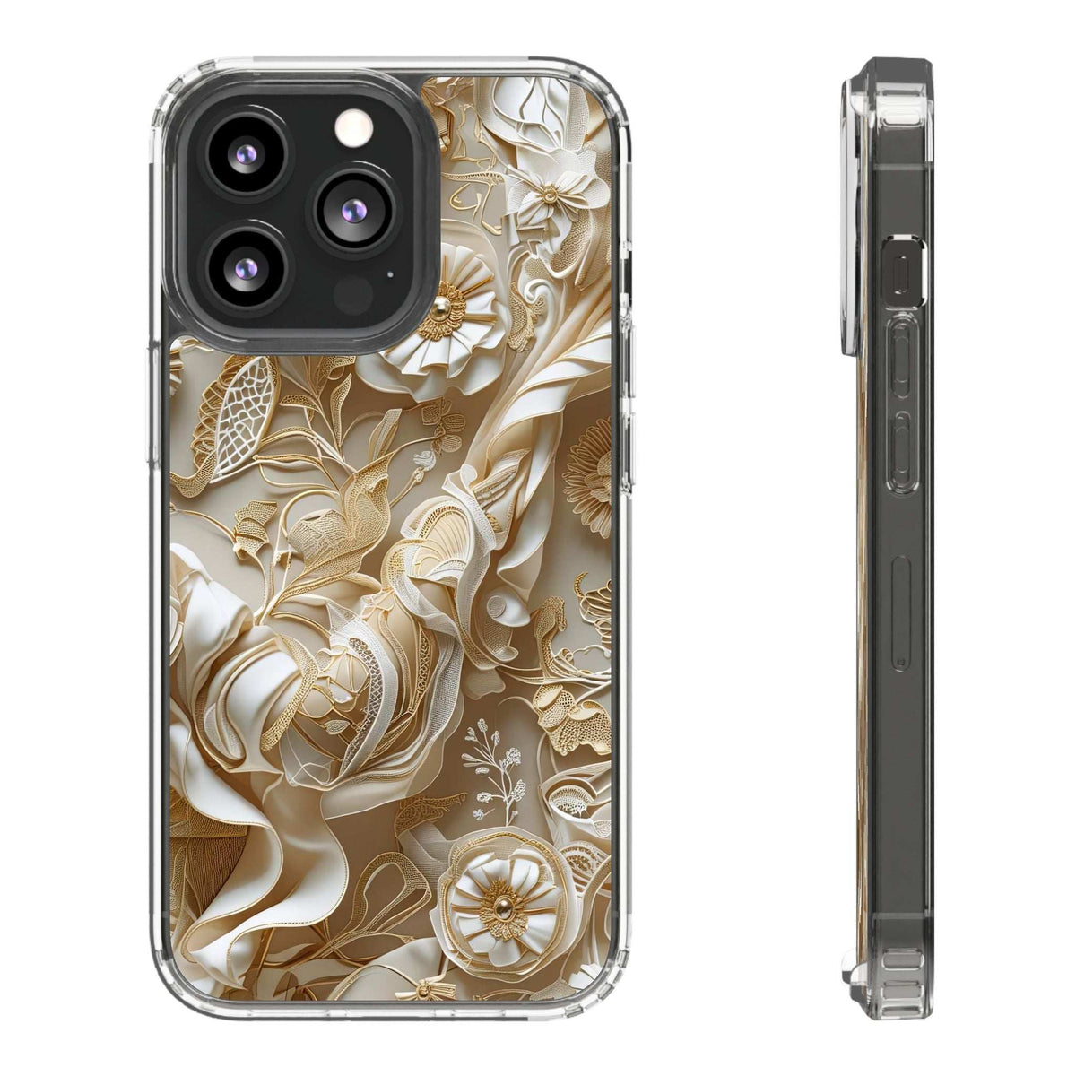 Clear phone case with gold floral pattern, back view and side profile