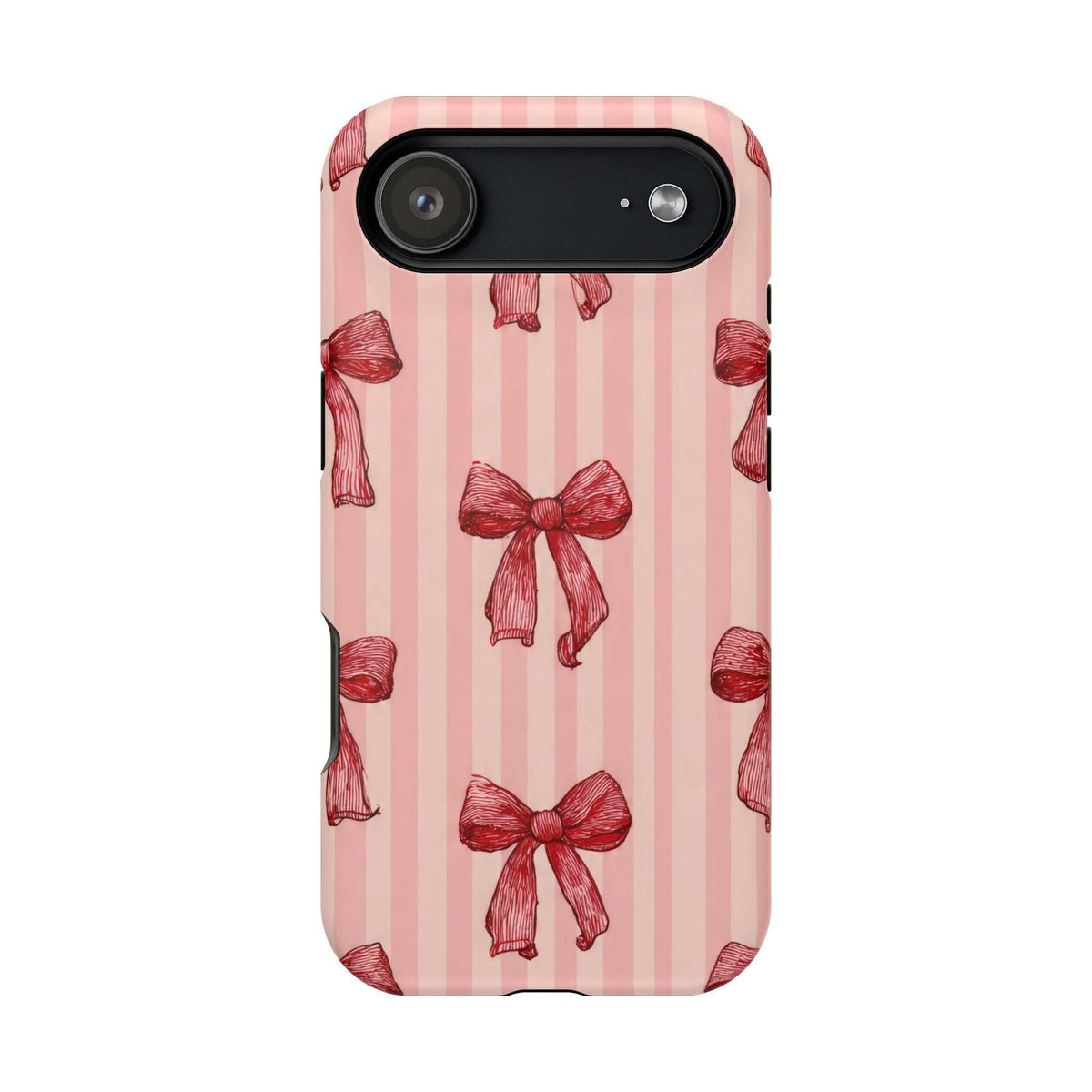Pink phone case with red bow stripe pattern, back view highlighting camera module details.