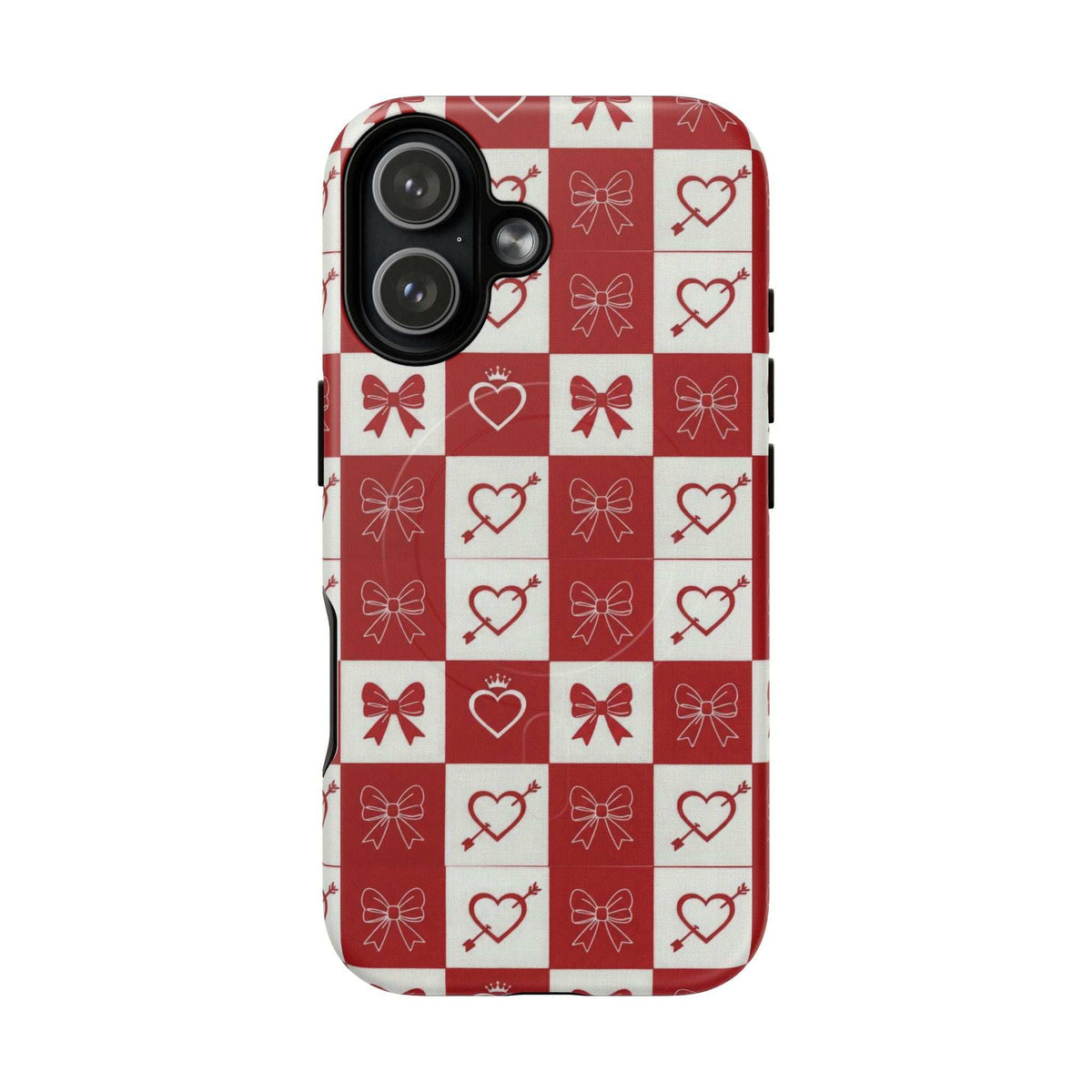 Red and white checkered phone case with hearts and bows, visible camera openings