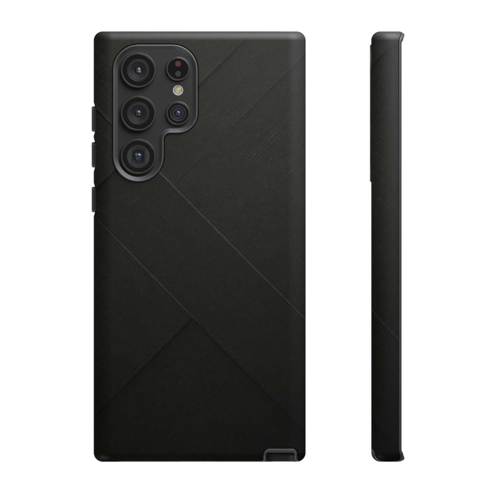 Matte black phone case with diagonal line pattern and raised quad camera cutouts