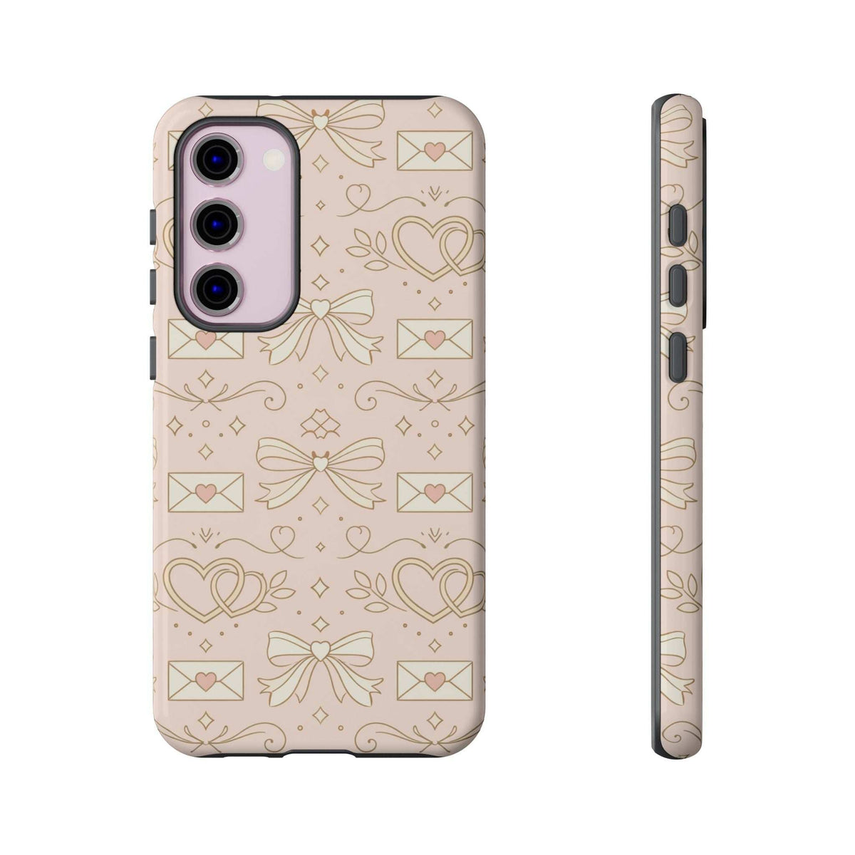 Pastel heart-and-letter tough phone case with multi-camera cutout and side button cutouts