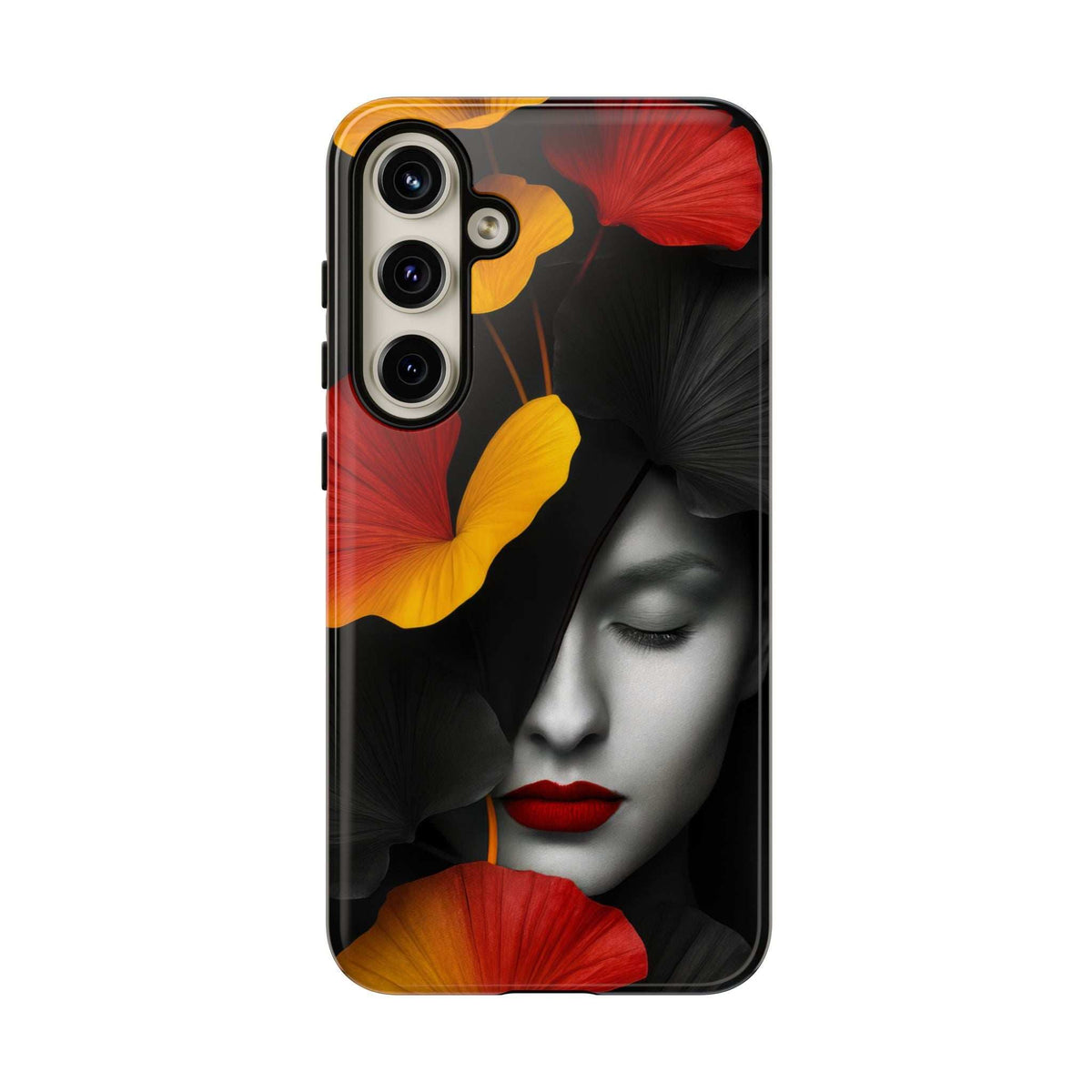 Glossy dark phone case with face artwork and red/yellow flowers
