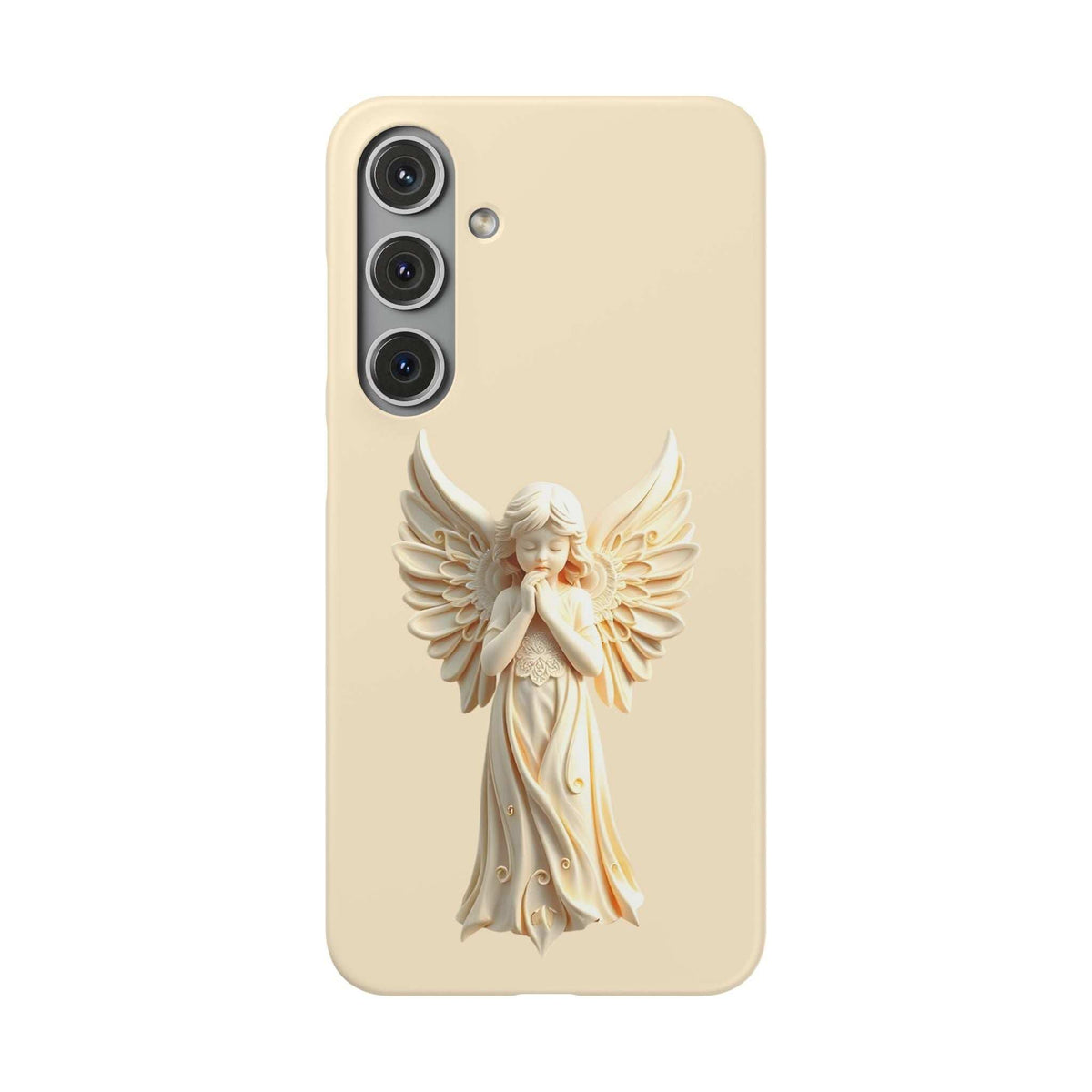 Cream angel phone case with a winged figure in the center and three camera cutouts on top left.