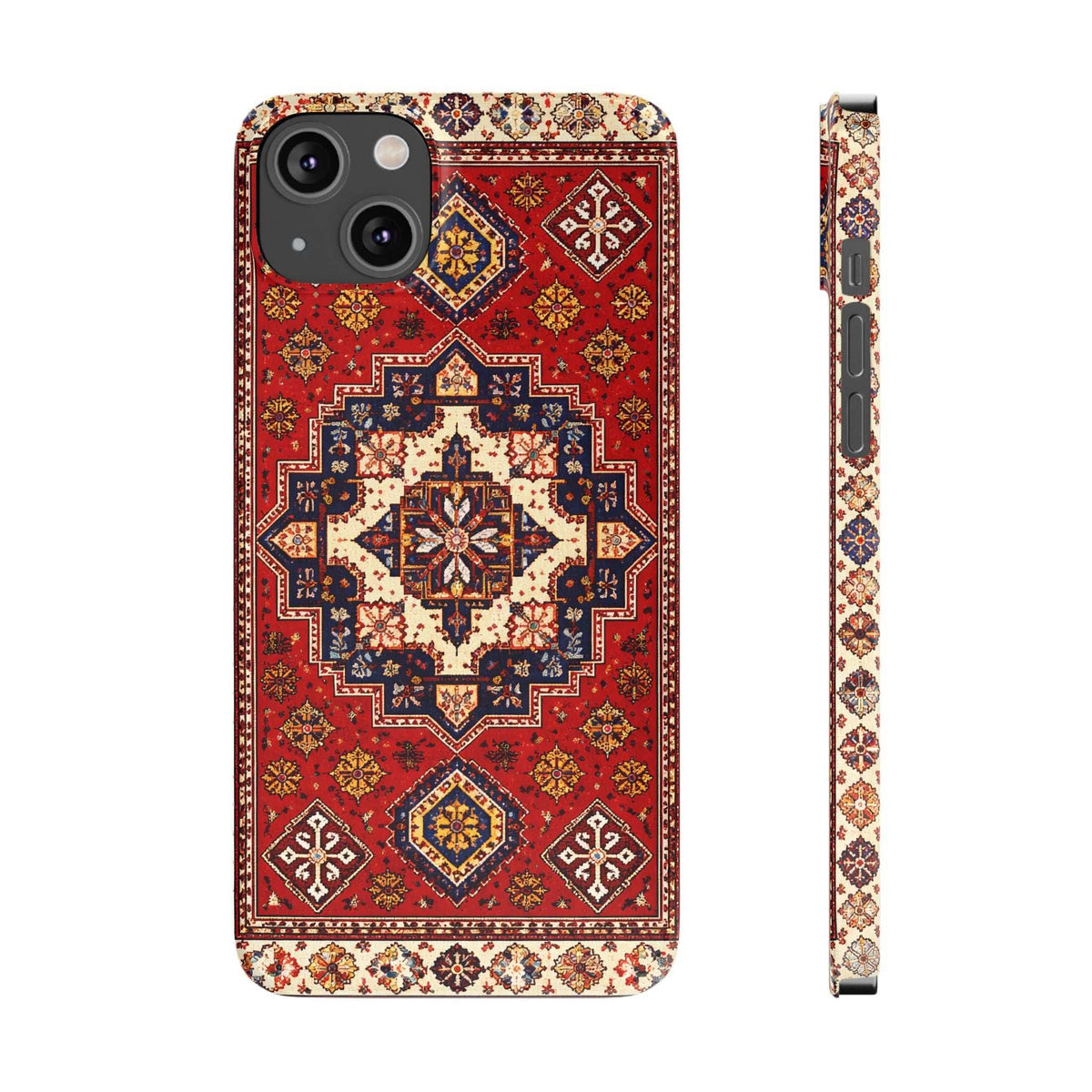 Phone case with symmetrical red and navy carpet motif; front cameras and matching side