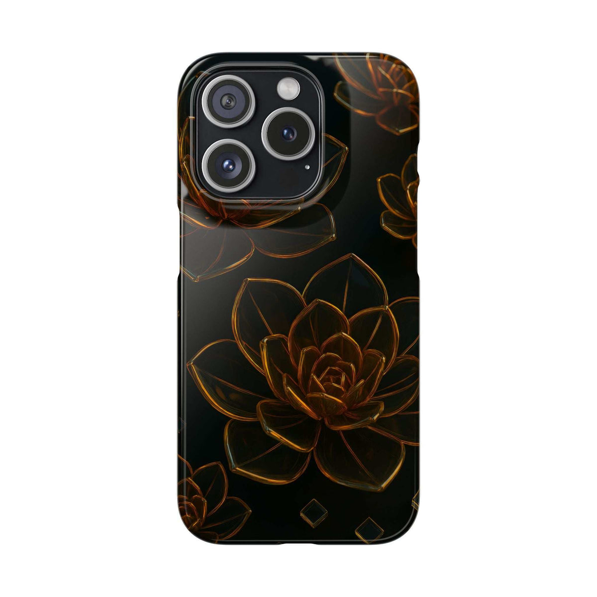 Glossy black glass phone case displaying gold-brown flower pattern with quad camera cutout