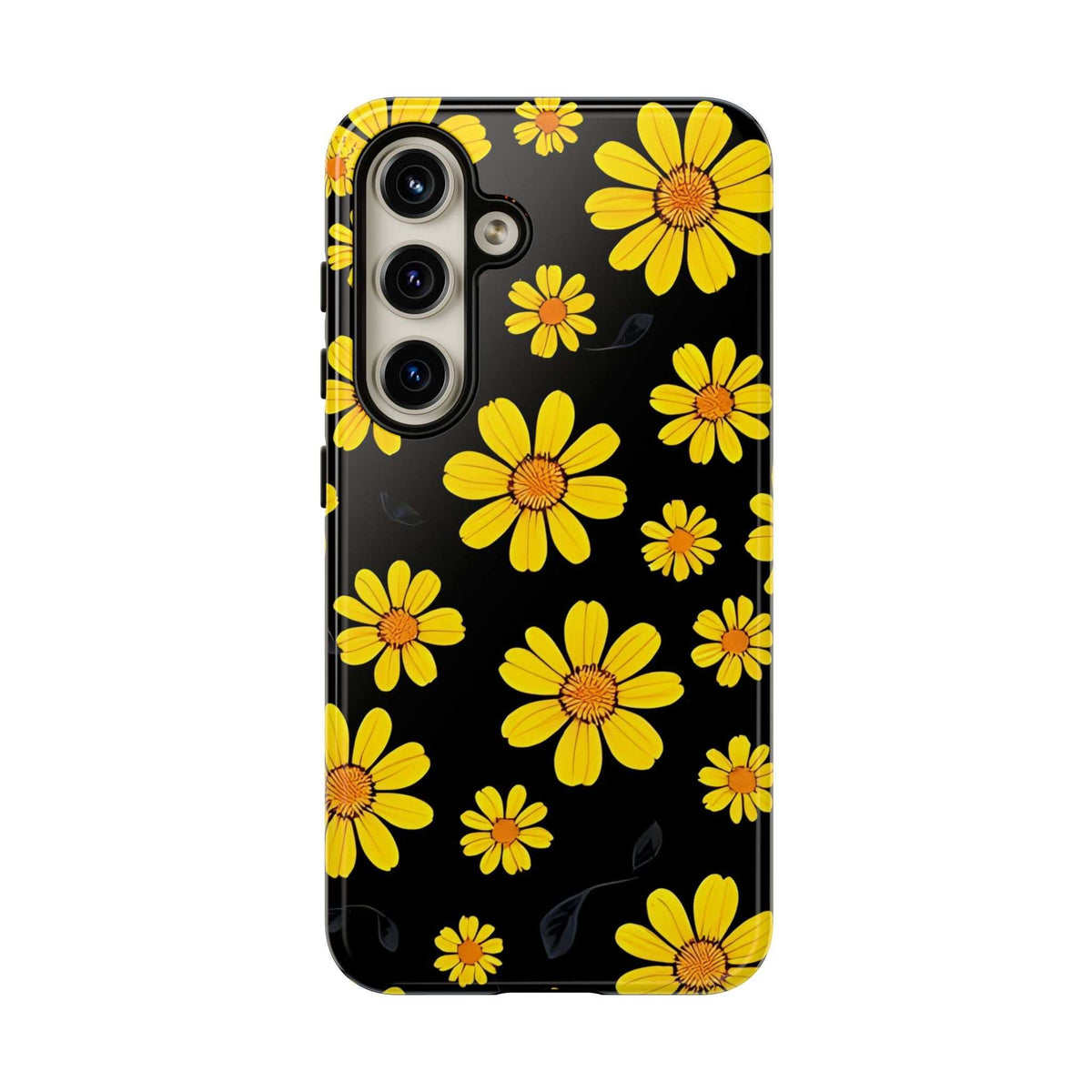 Black phone case with bright yellow daisy floral pattern and raised camera cutouts