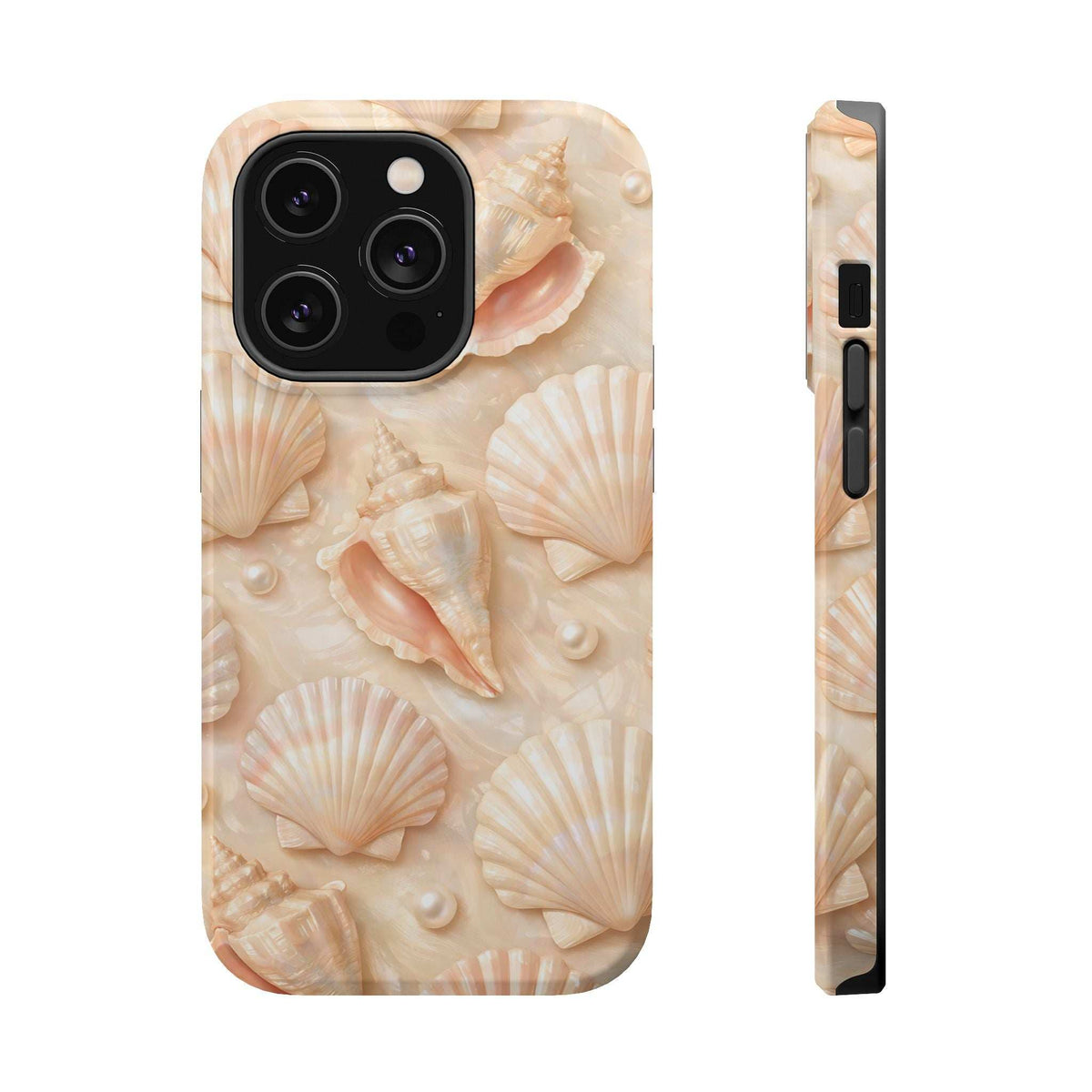 Seashell phone case with cream shell design; front view and slim side edge