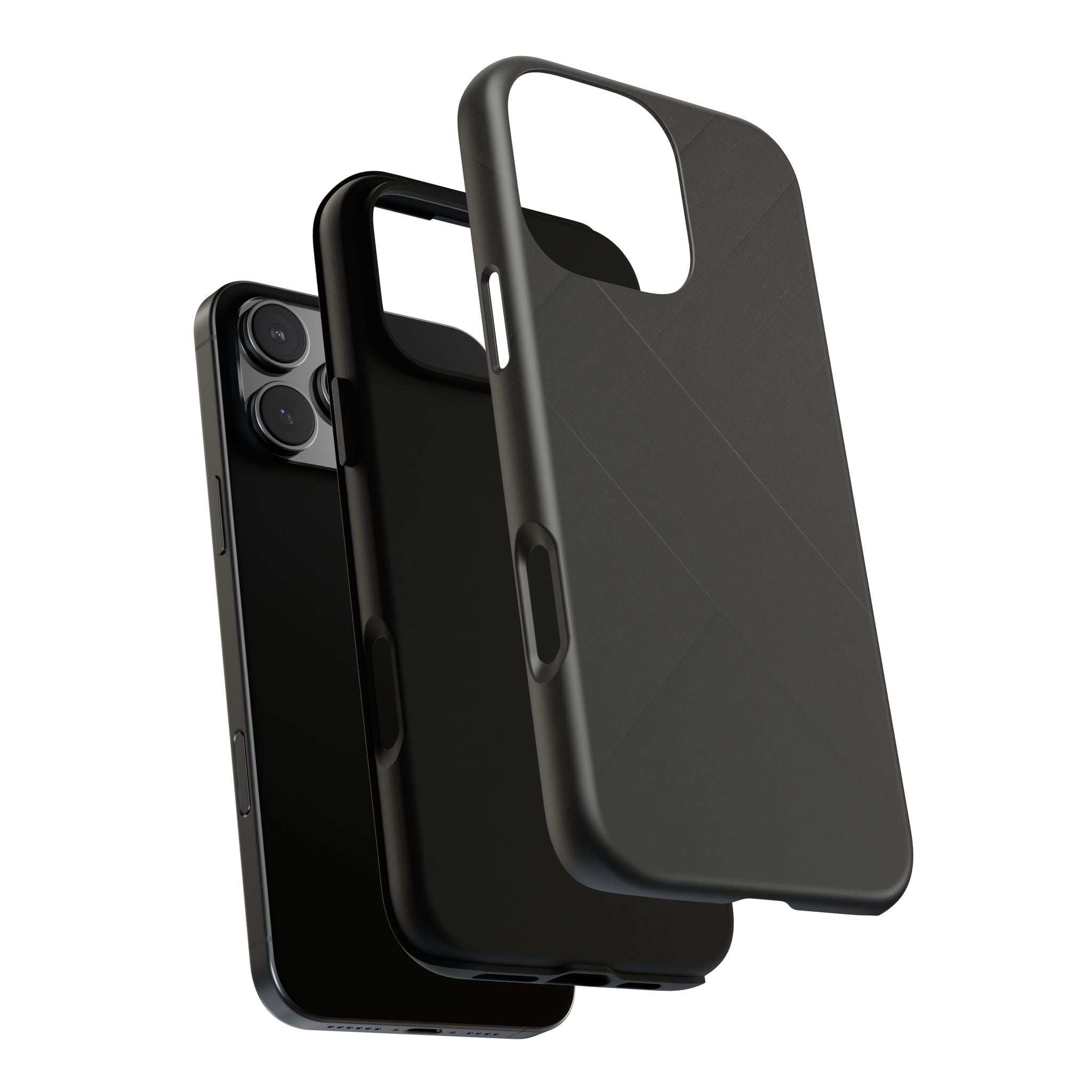 Matte black phone case with diagonal pattern, showing camera cutout and raised edges