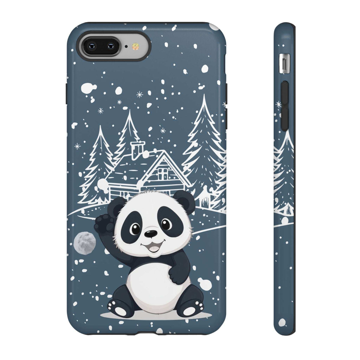 Dark blue phone case with panda in winter forest, front view and slim side