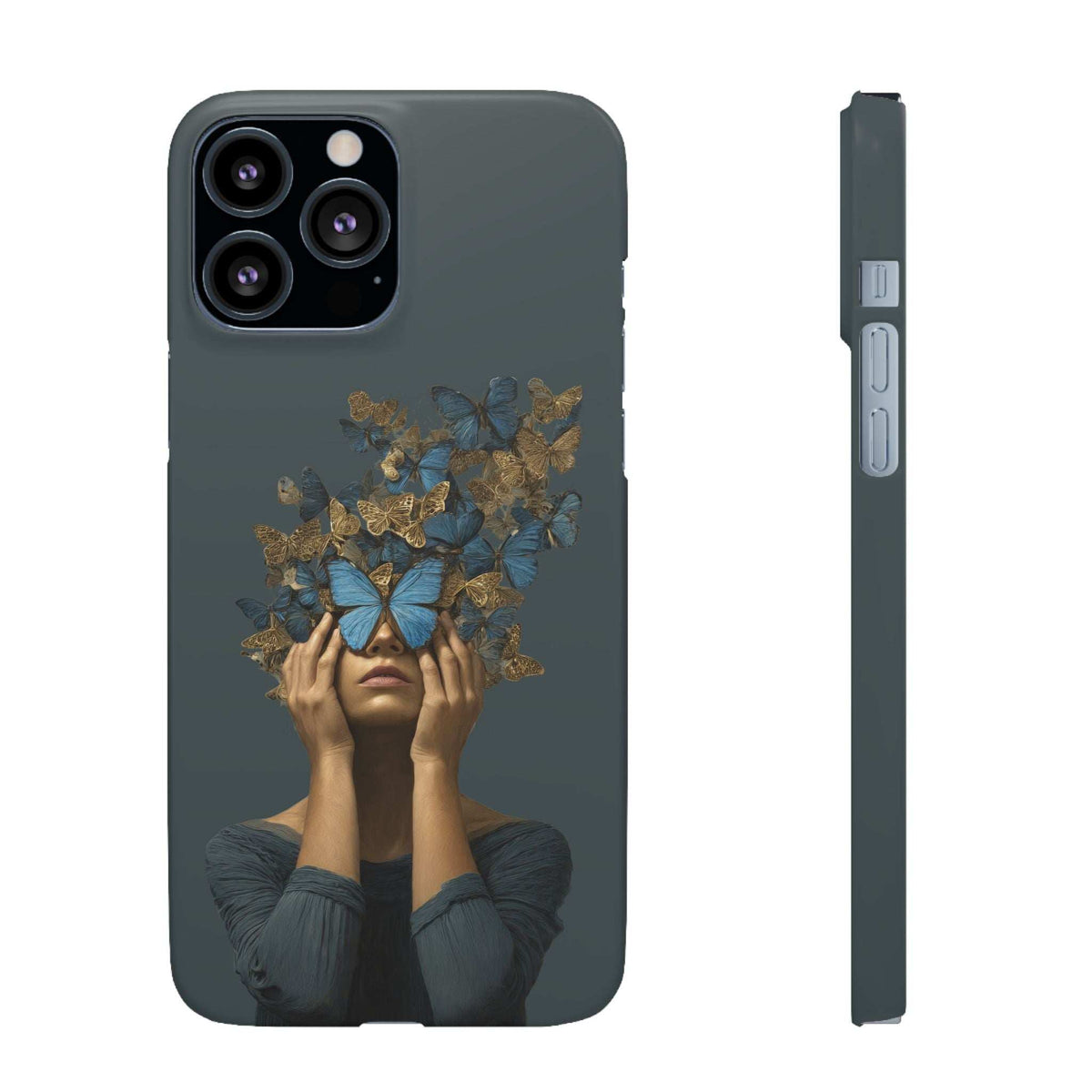 Dark gray phone case featuring blue-and-gold butterfly portrait; camera openings and side buttons.