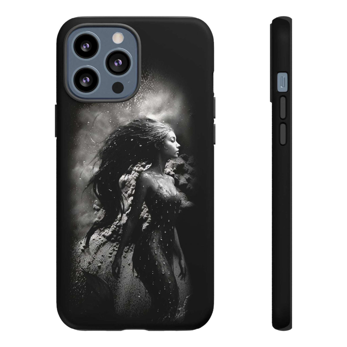 Black phone case with monochrome mermaid portrait; side and front show aligned button cutouts