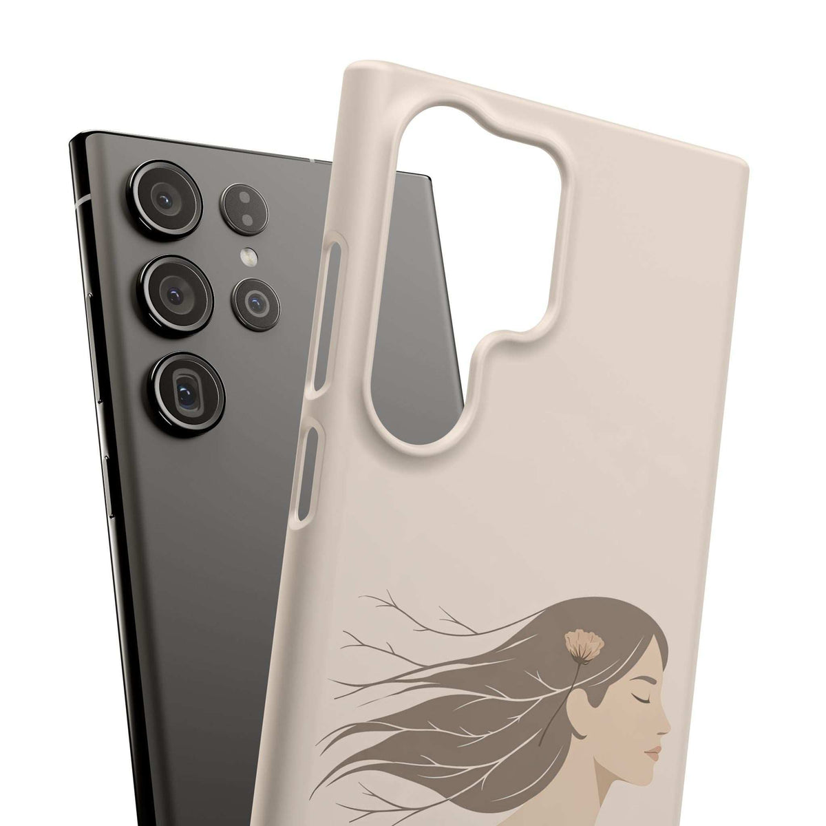 Cream phone case with floral portrait design and cutout for camera and ports