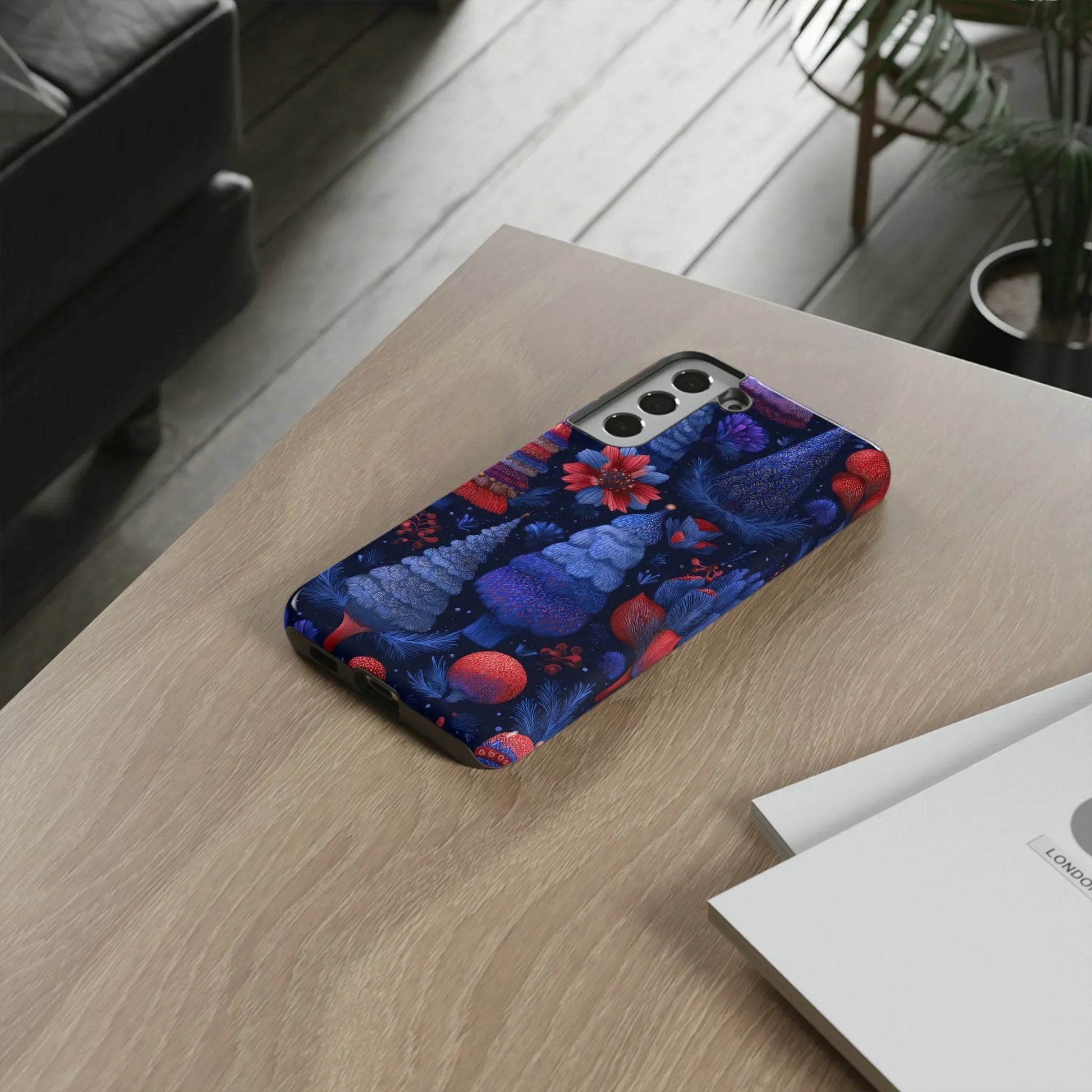 Midnight Blue Christmas Forest Phone Case for iPhone 8-17 and Galaxy S21–S25 - KARARMDESIGN