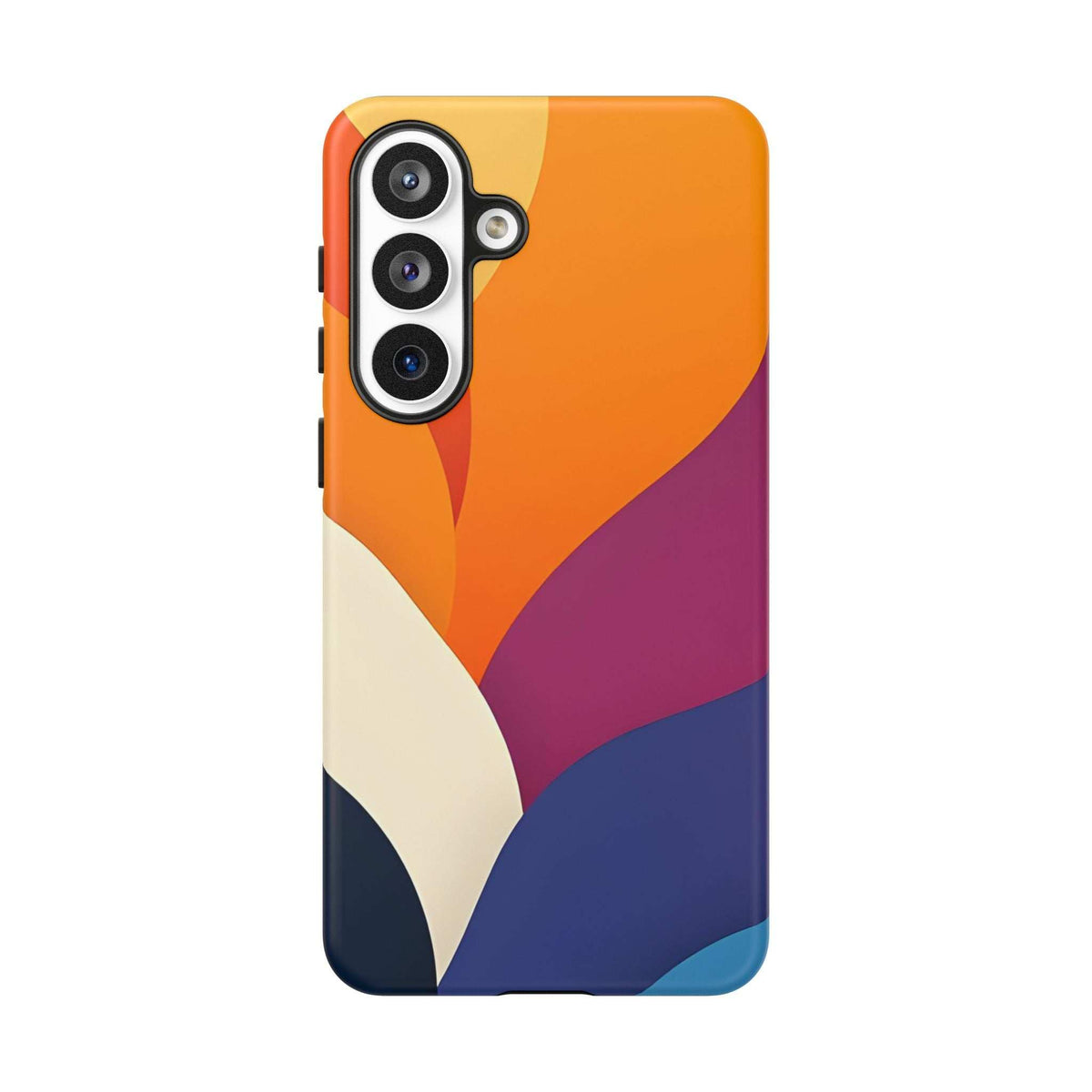Abstract phone case with orange-magenta design blocks, navy bottom edge, and triple camera lenses.