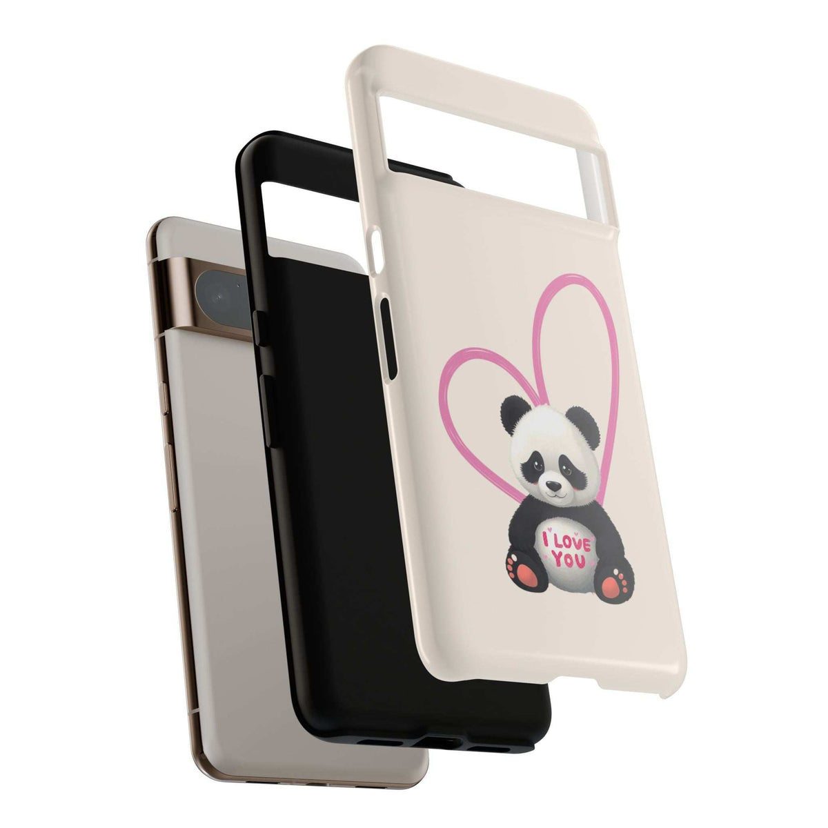 Beige panda phone case with pink heart, with other phone backs partially visible