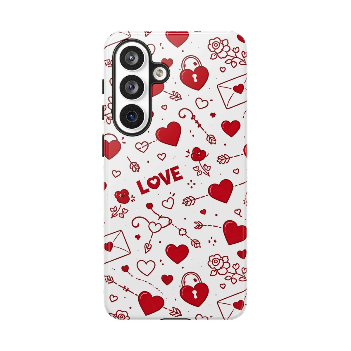 Glossy white phone case with red hearts, love word, and doodle pattern