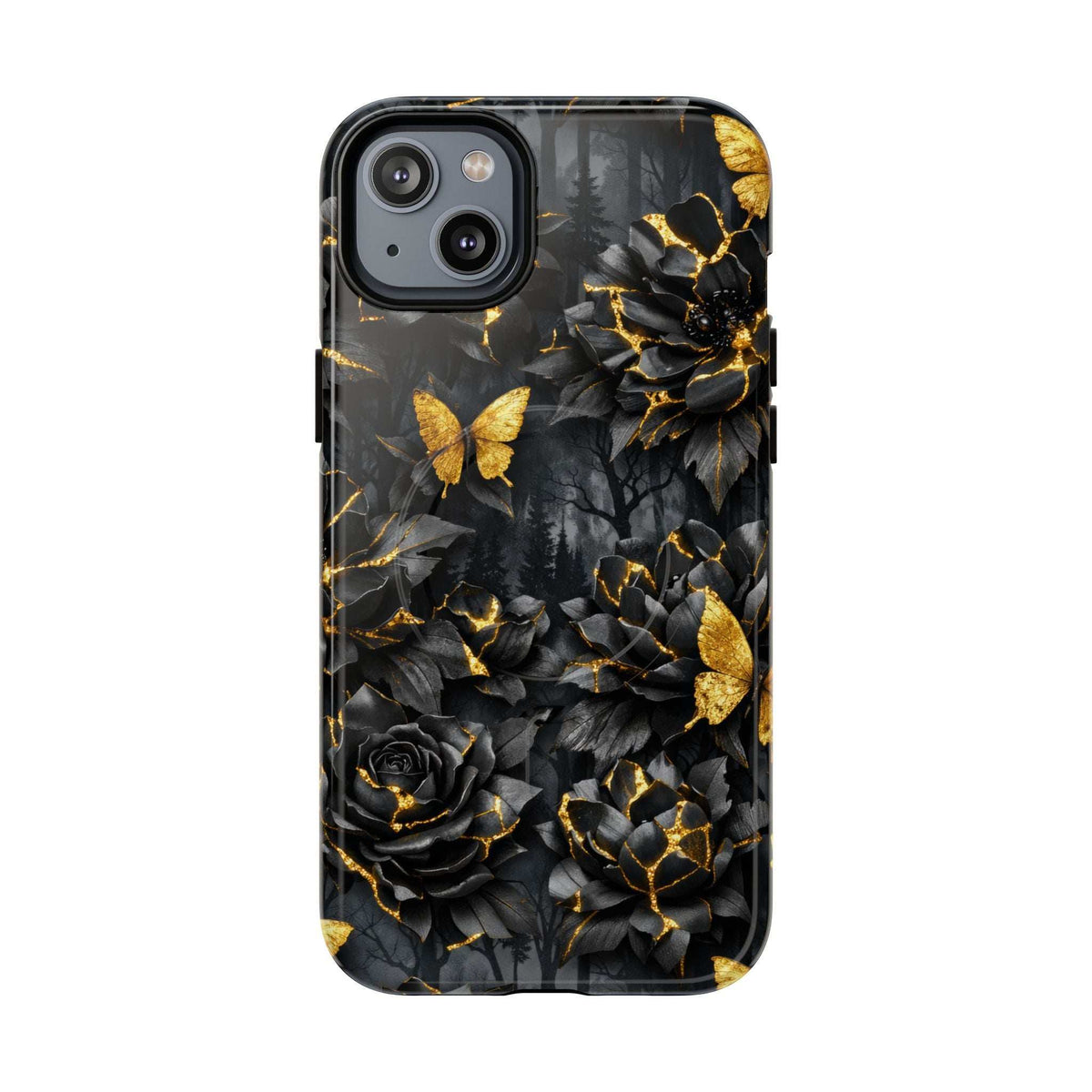 Phone case with dark floral artwork, gold kintsugi-style detailing, butterfly and rose motifs