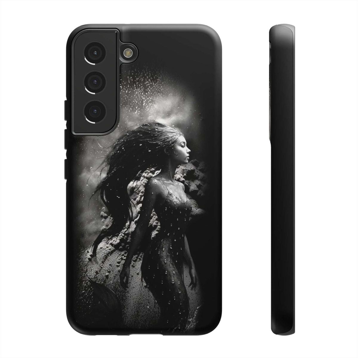 Black phone case with monochrome mermaid portrait, three-lens camera module, side edge