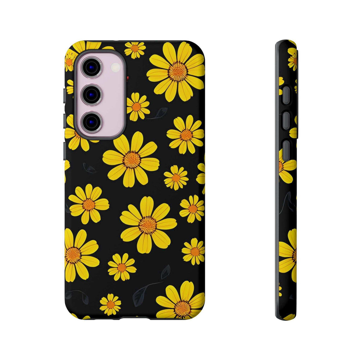 Black phone case with repeating yellow daisies; side buttons and camera cutouts