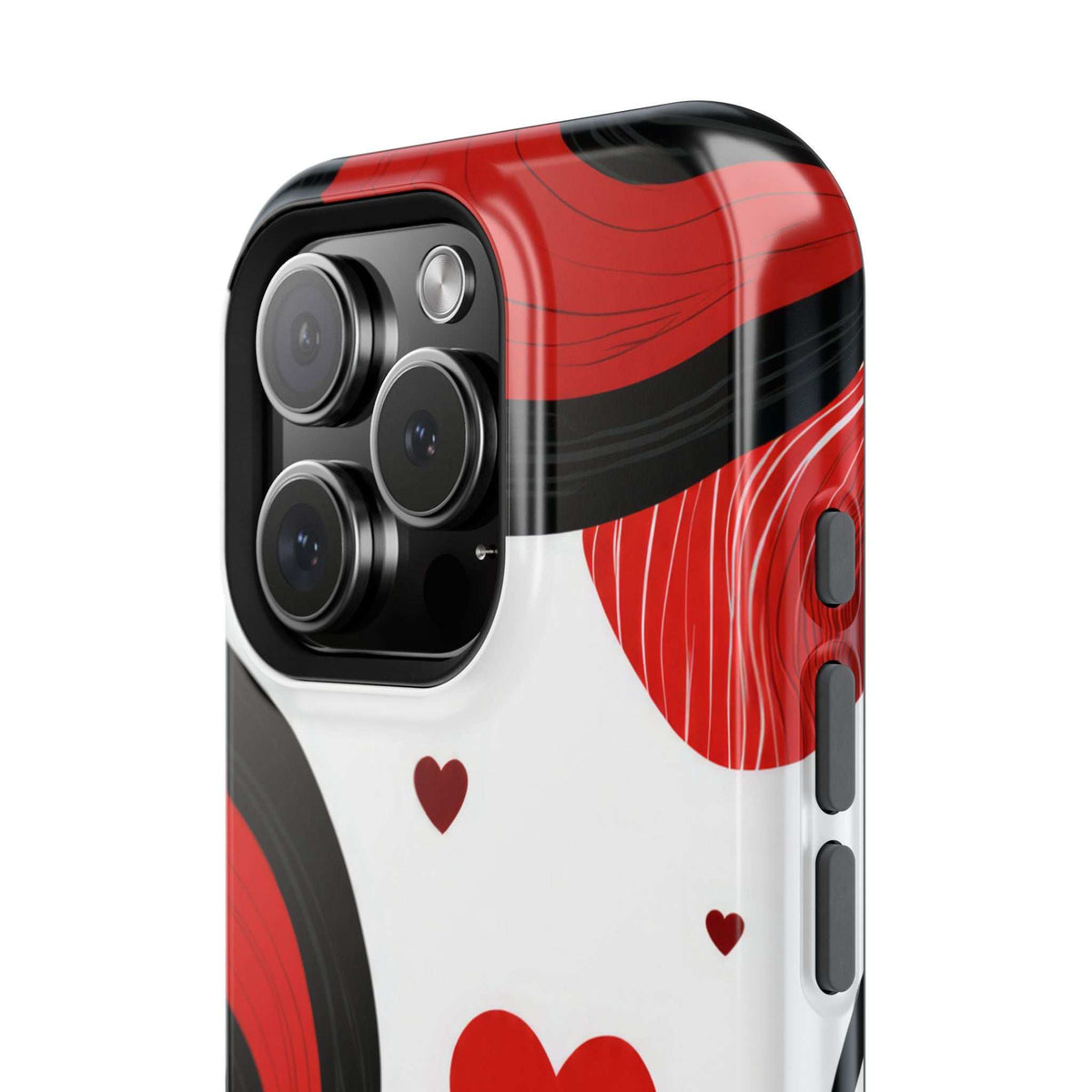 Phone case side view with red wave panel, dark accents, and small heart details.