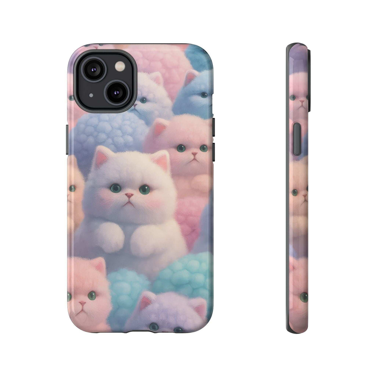 Pastel kitten phone case back view, glossy shell with multiple cat faces