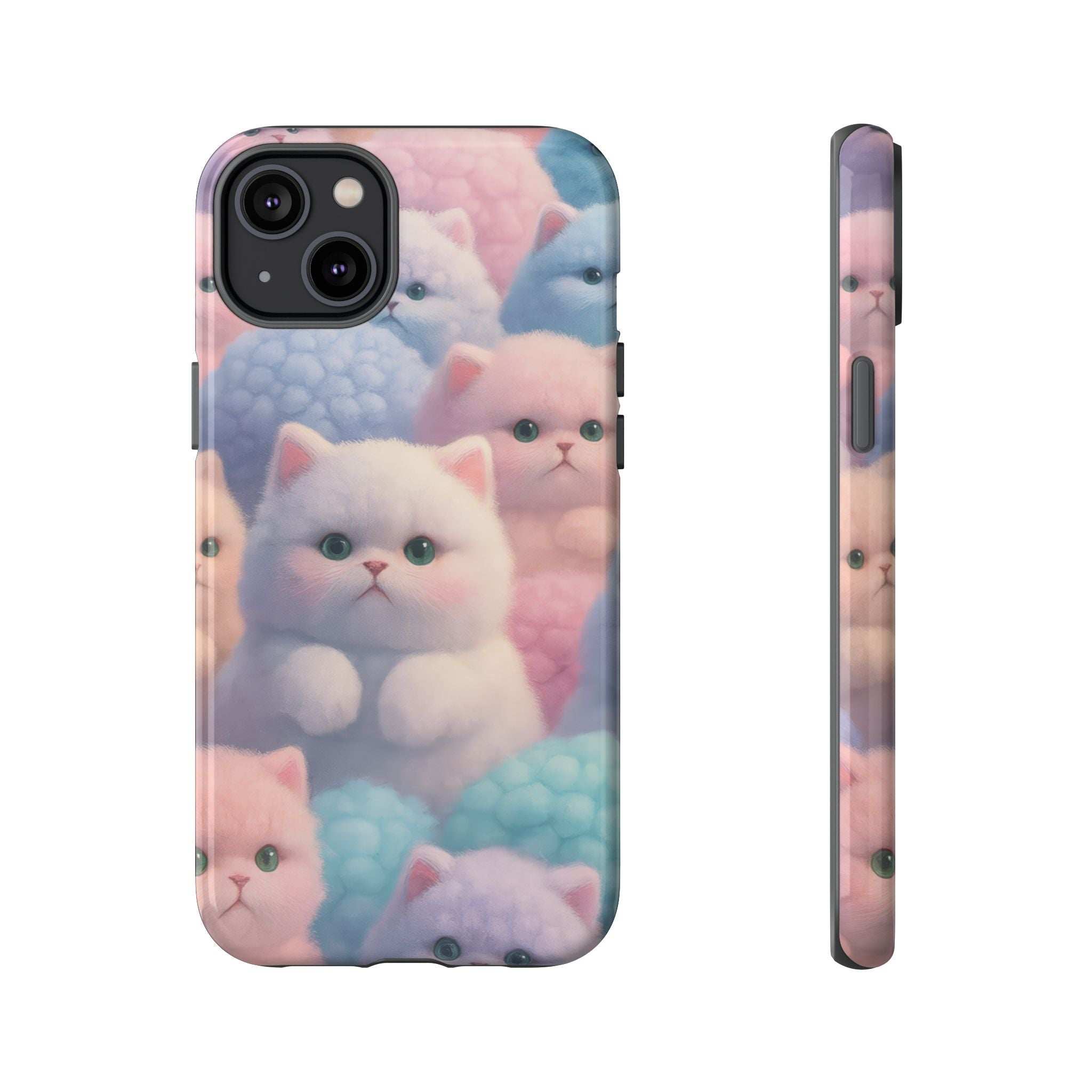 Pastel kitten phone case back view, glossy shell with multiple cat faces