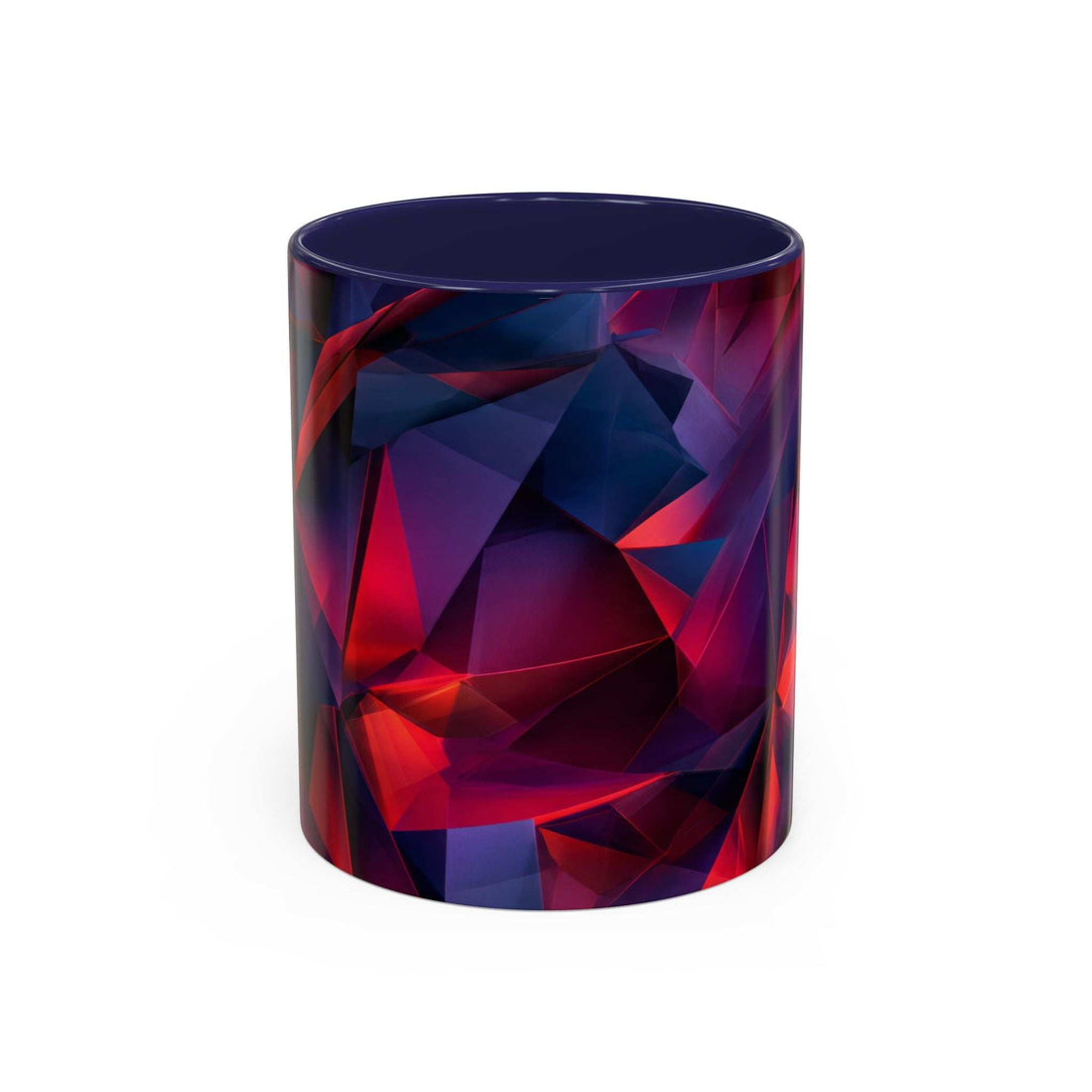 Ceramic coffee mug with geometric red and navy abstract pattern, dark blue rim