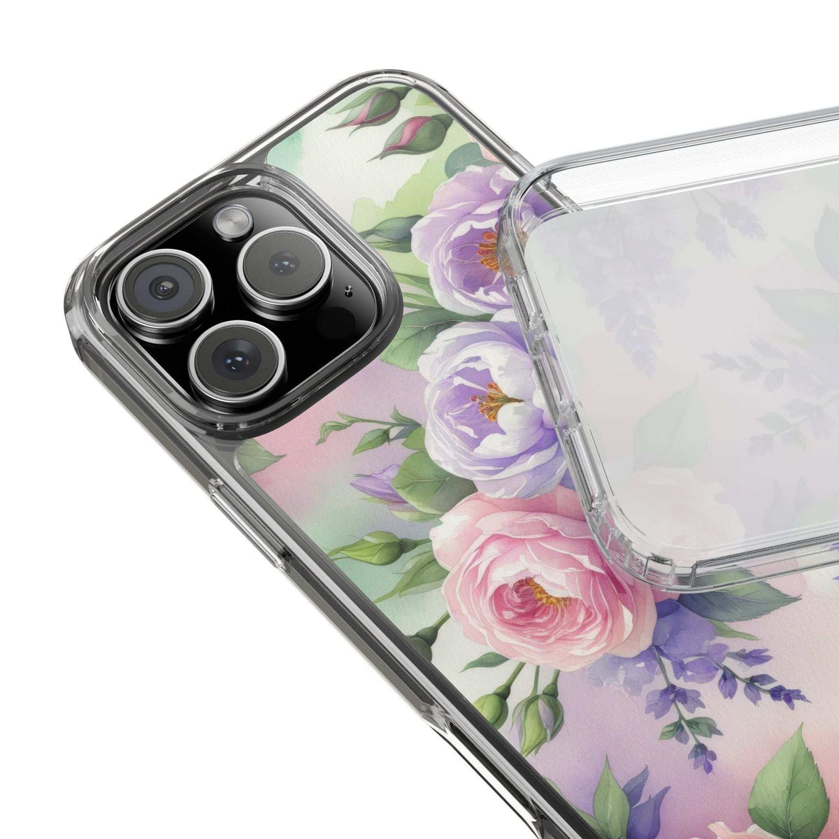 Clear floral phone case with pastel roses and violets, plus camera cutout on front