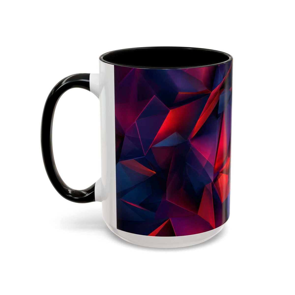 Ceramic mug with black handle, abstract red and blue geometric pattern with vertical white panel.