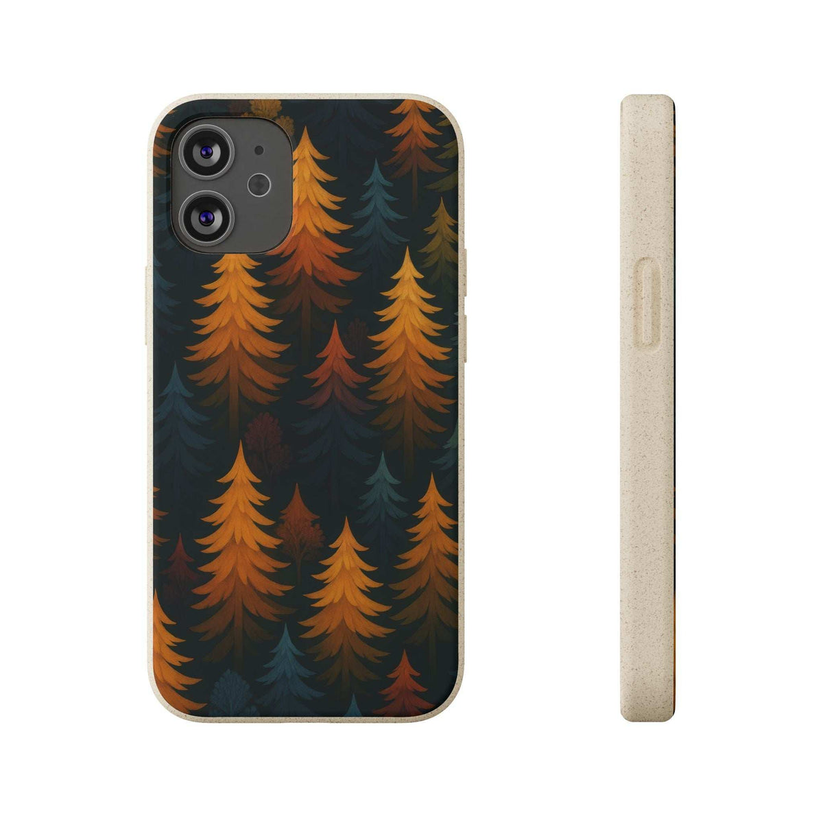 Biodegradable phone case with dark forest pattern; camera cutout area and side view