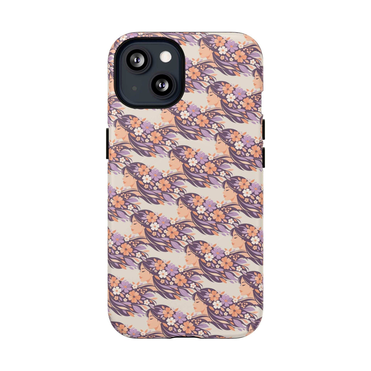 Floral phone case with dual-camera cutout, lilac and navy blossom repeat design