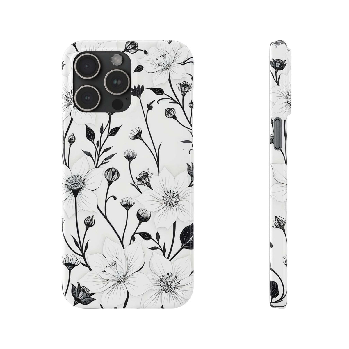 Monochrome bloom floral phone case, white with black daisy flowers and leaves; camera cutouts
