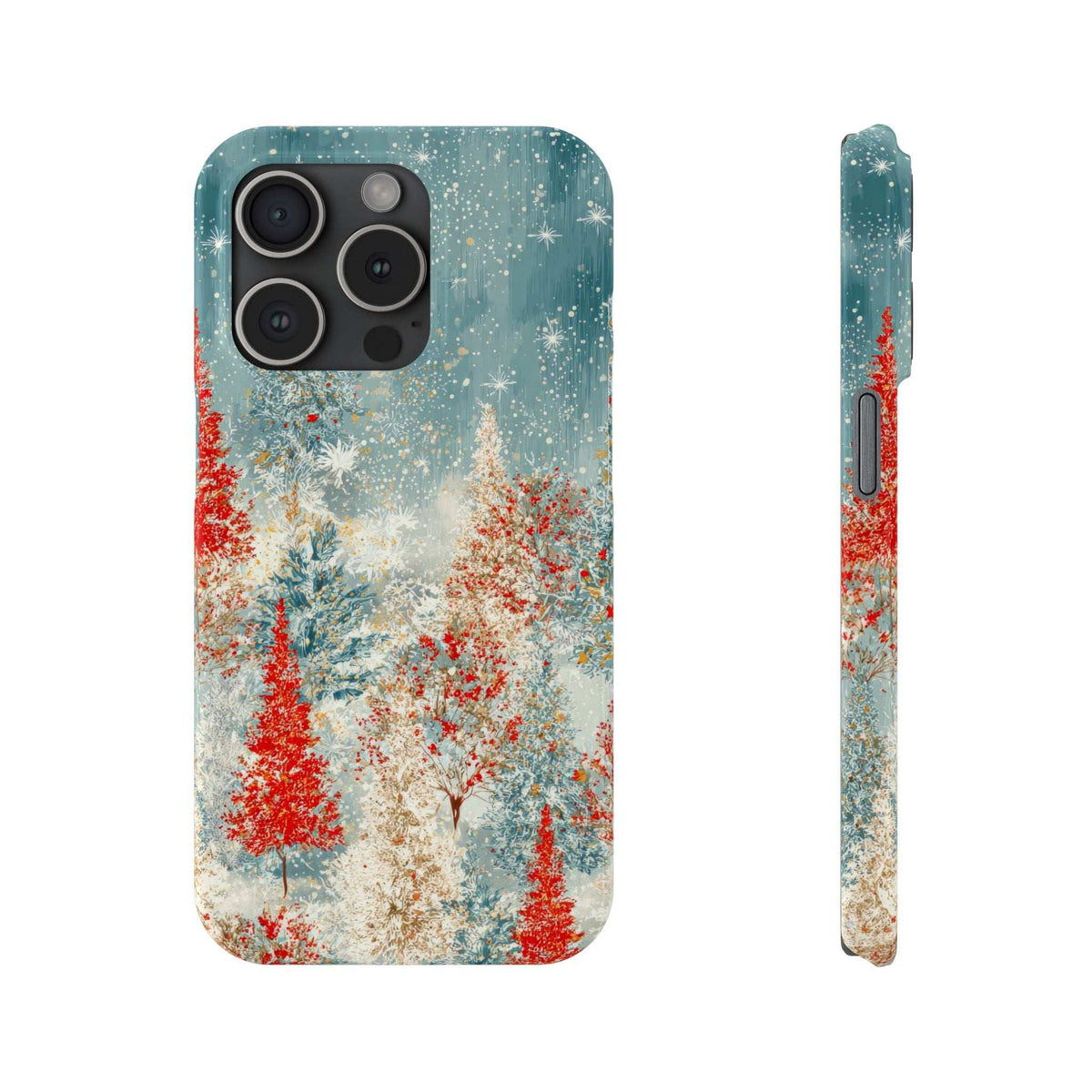 Snowy forest phone case with teal sky, red conifers, white snow sparkle; side edge visible