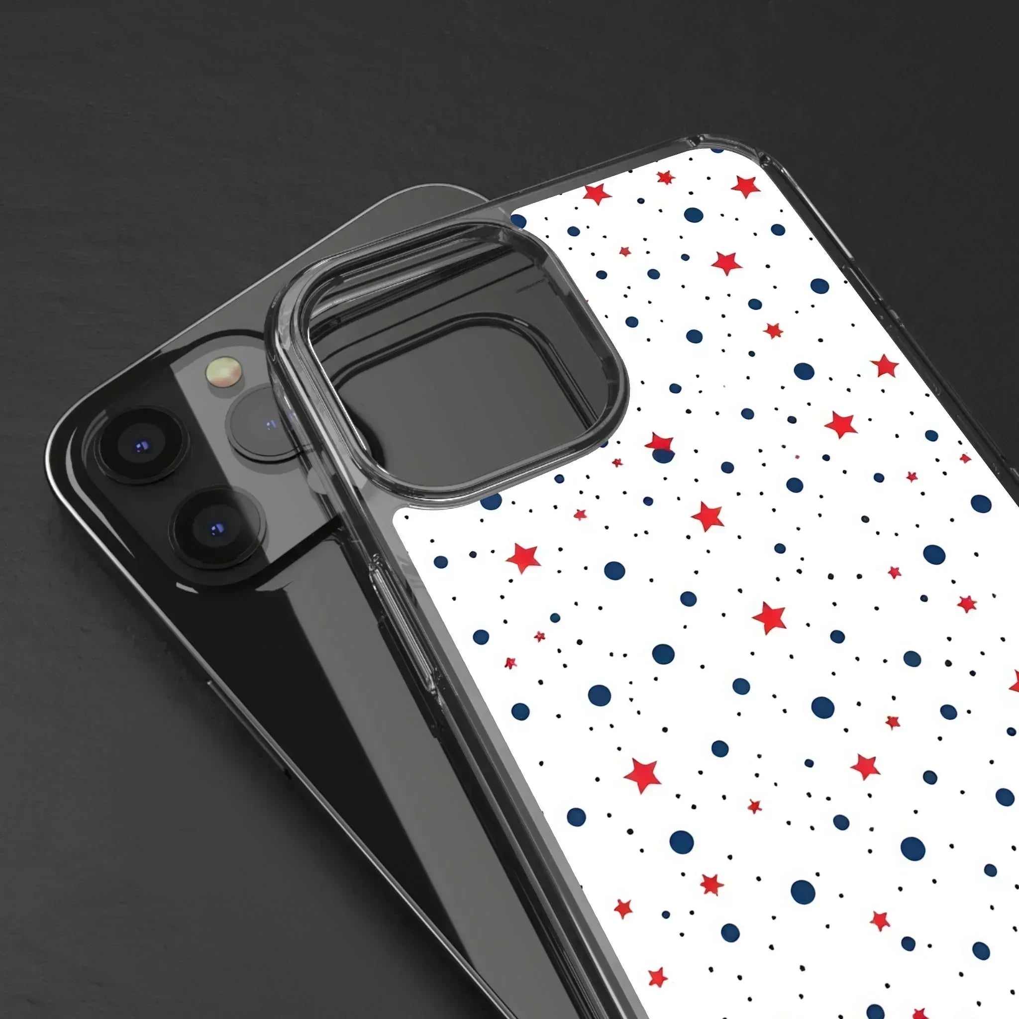 White Phone Case with Red Stars and Blue Polka Dots for iPhone and Galaxy - KARARMDESIGN
