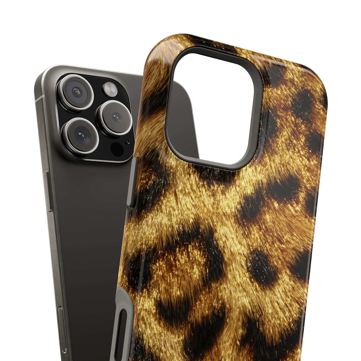 Leopard print phone case with glossy gold-brown pattern and raised camera opening