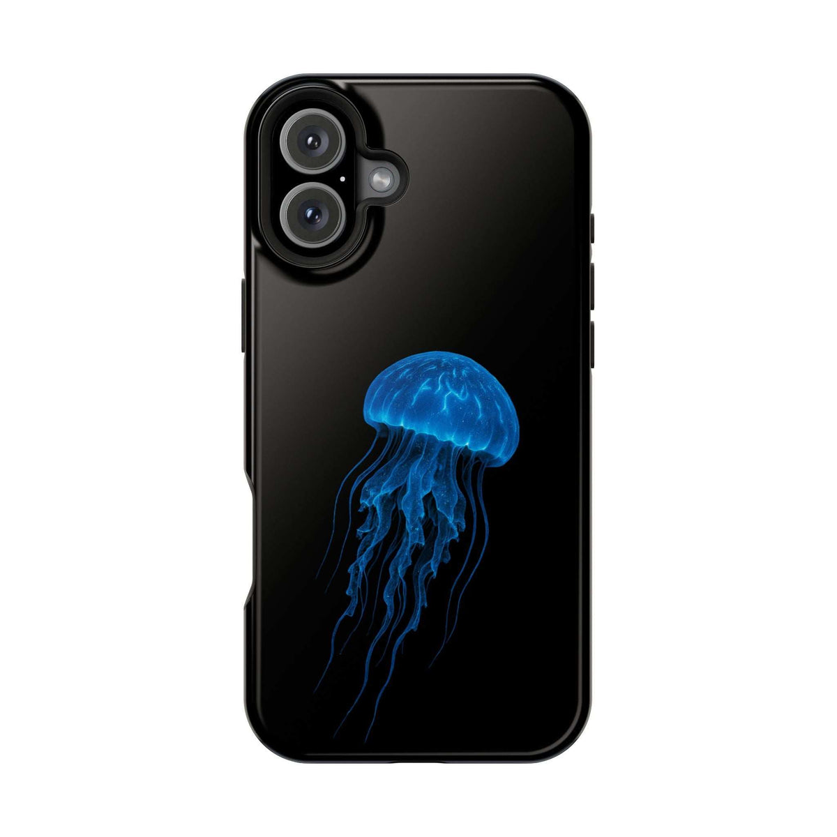 Glossy black phone case with centered blue jellyfish graphic and camera lens openings