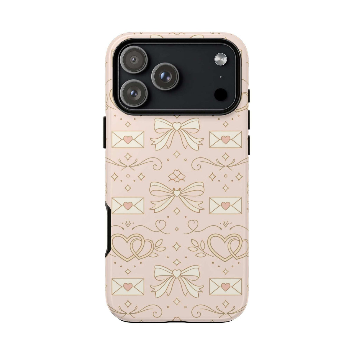 Light pink tough phone case with hearts and bows, multi-lens camera cutout