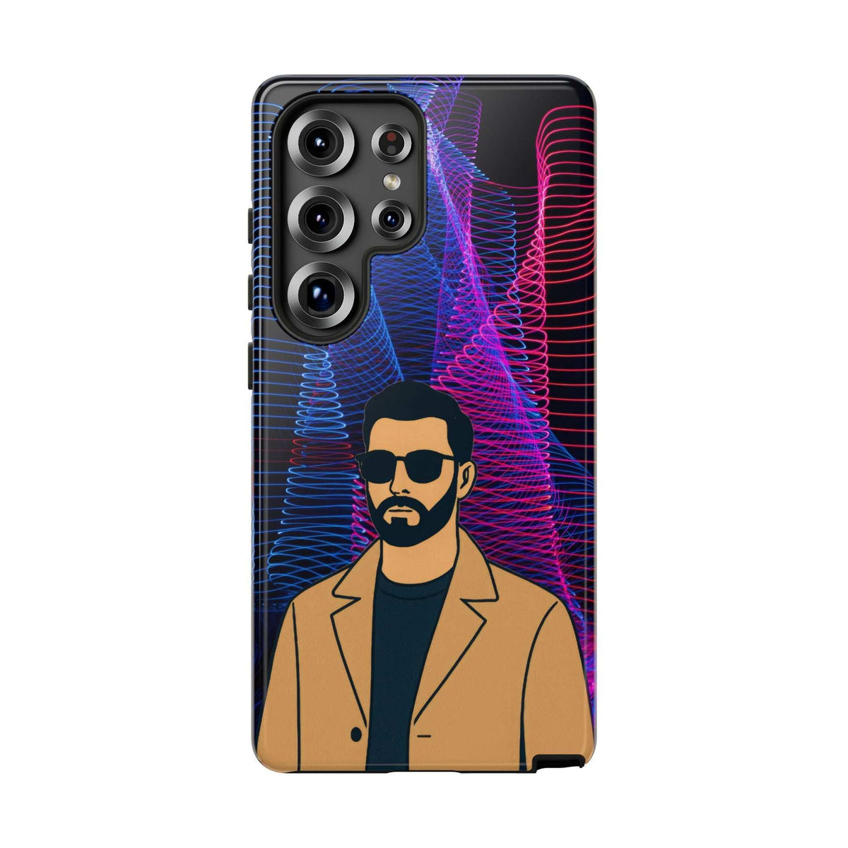 Glossy phone case with bearded man graphic and neon blue/pink lines; multi-camera cutout