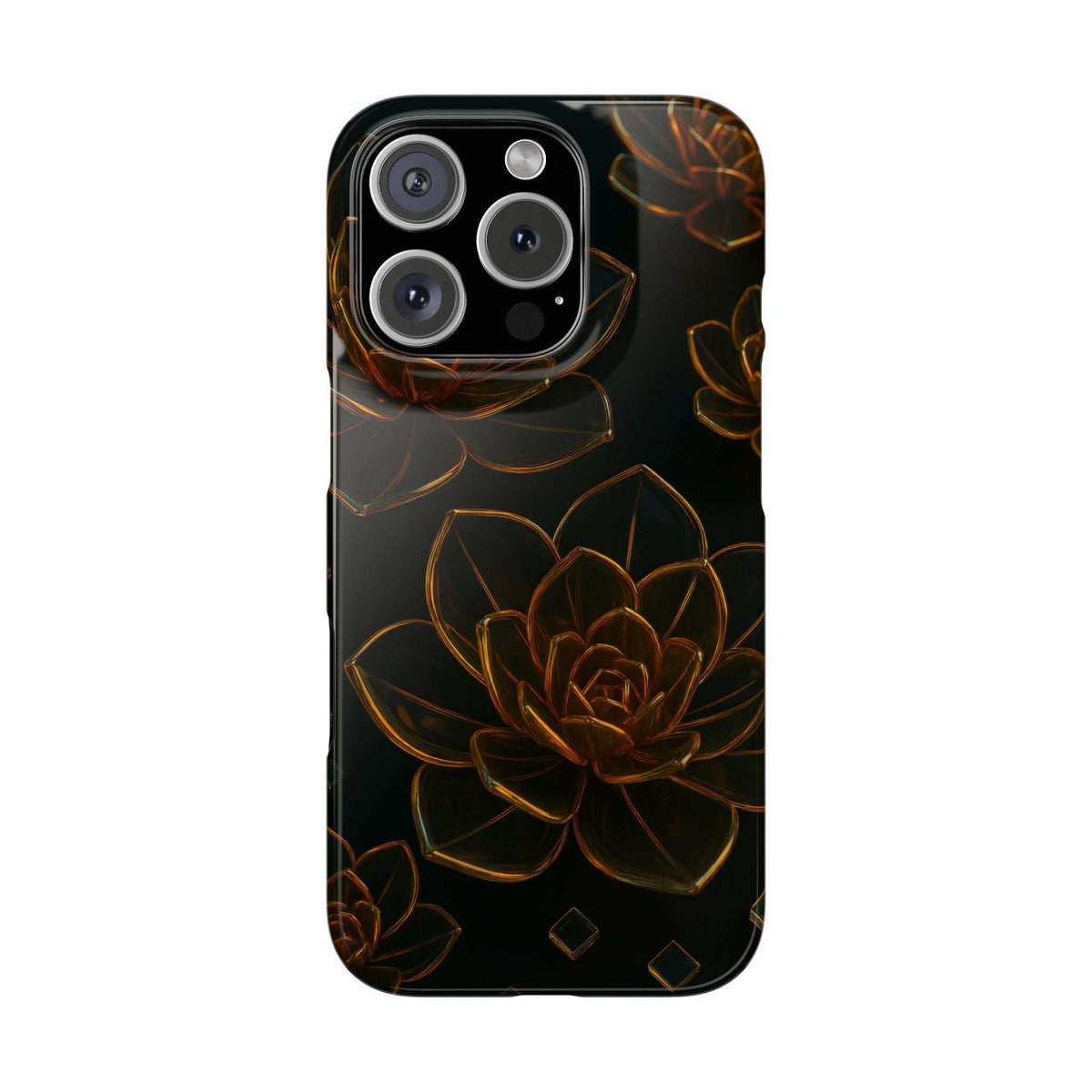 Glossy glass phone case showing top back with multi-lens camera cutouts and bronze flower art.